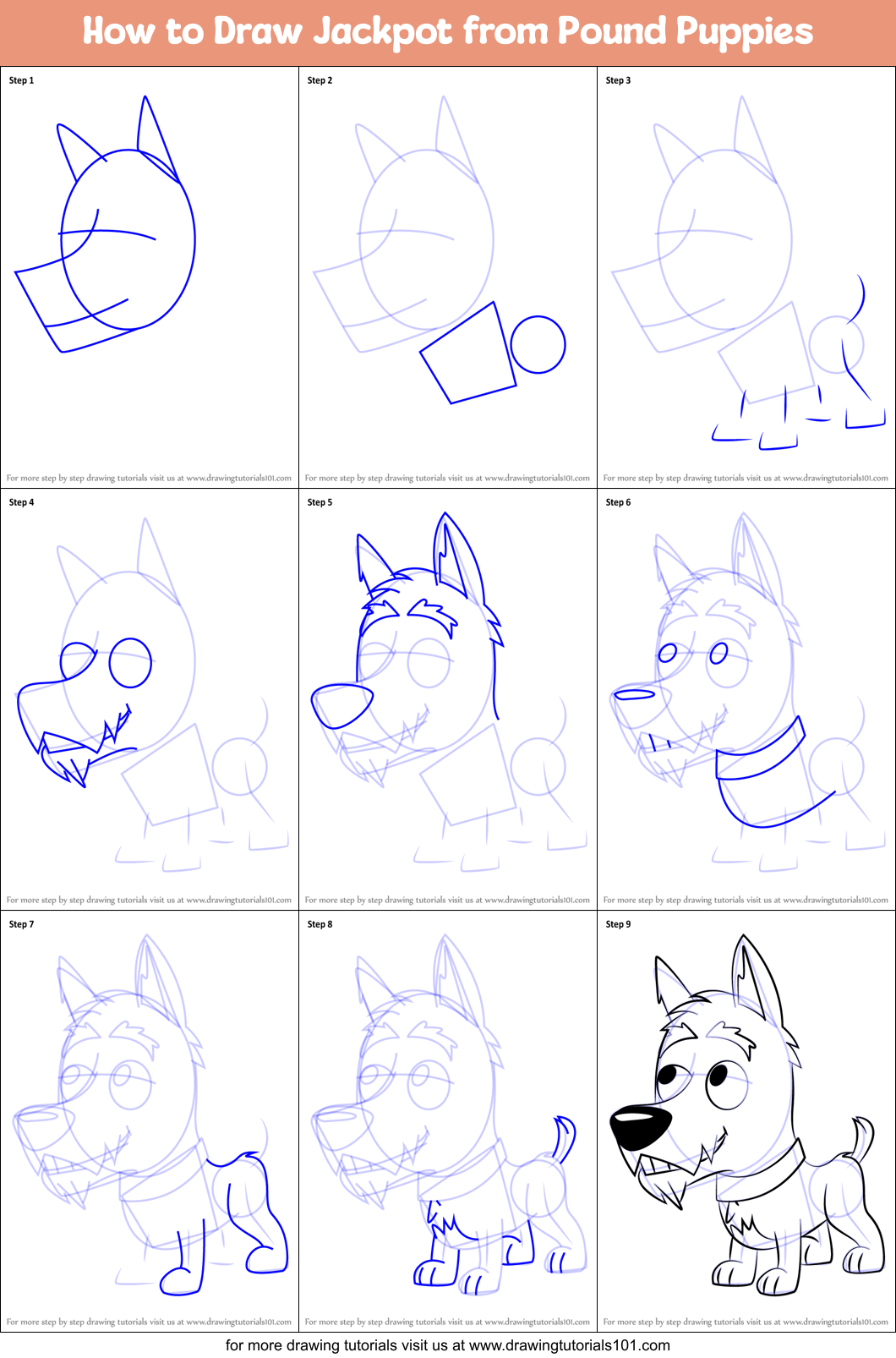 How to Draw Jackpot from Pound Puppies Printable Step by Step