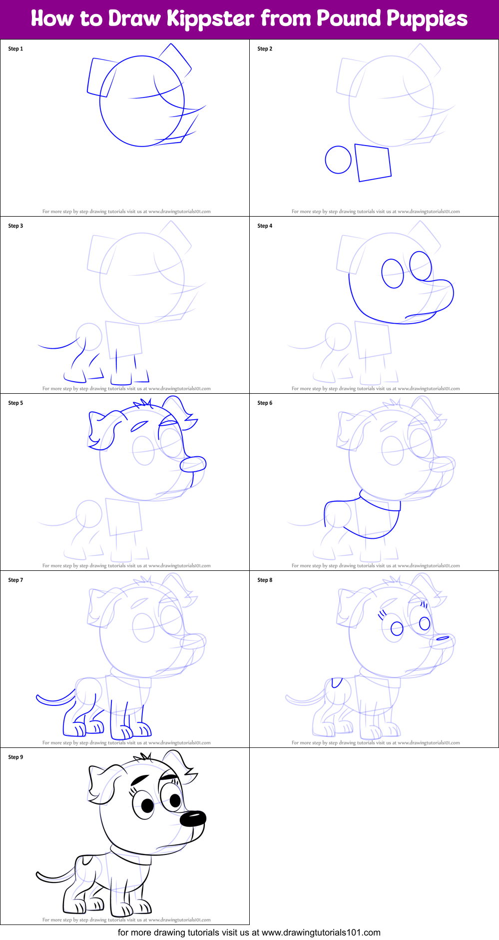 How to Draw Kippster from Pound Puppies Printable Step by Step