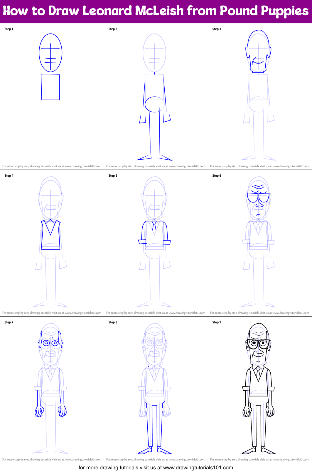 How to Draw Leonard McLeish from Pound Puppies Printable Step by Step