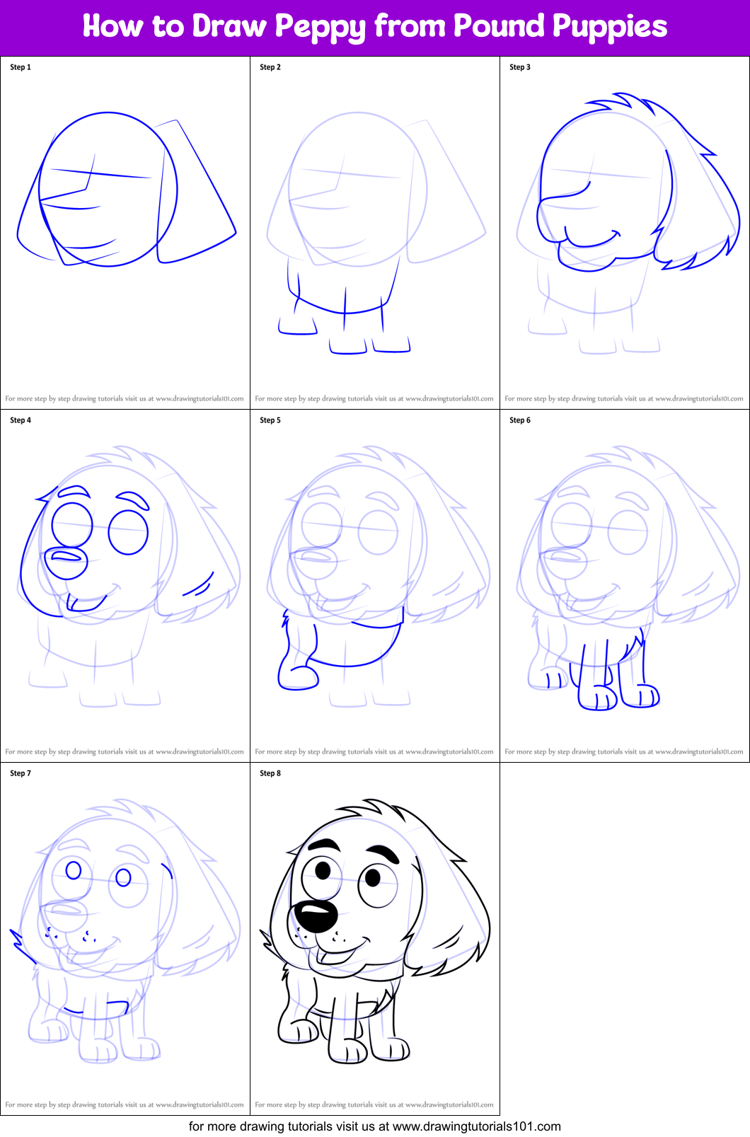 How to Draw Peppy from Pound Puppies Printable Step by Step