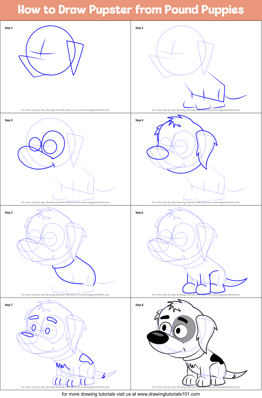 How to Draw Pupster from Pound Puppies Printable Step by Step