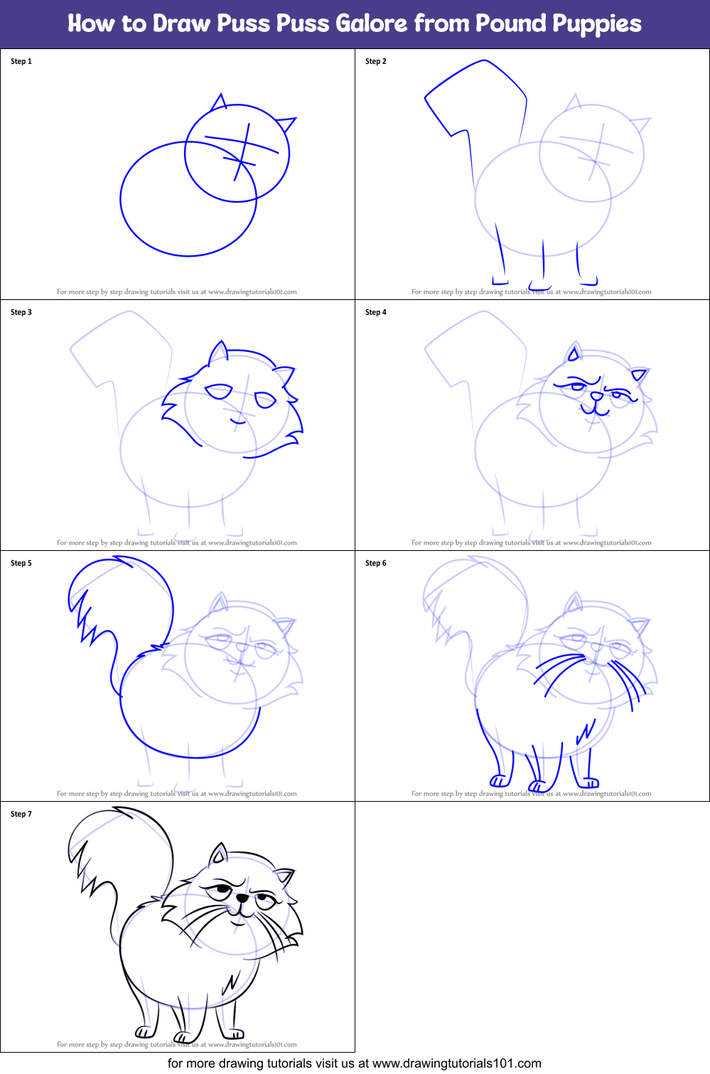 How to Draw Puss Puss Galore from Pound Puppies Printable Step by Step