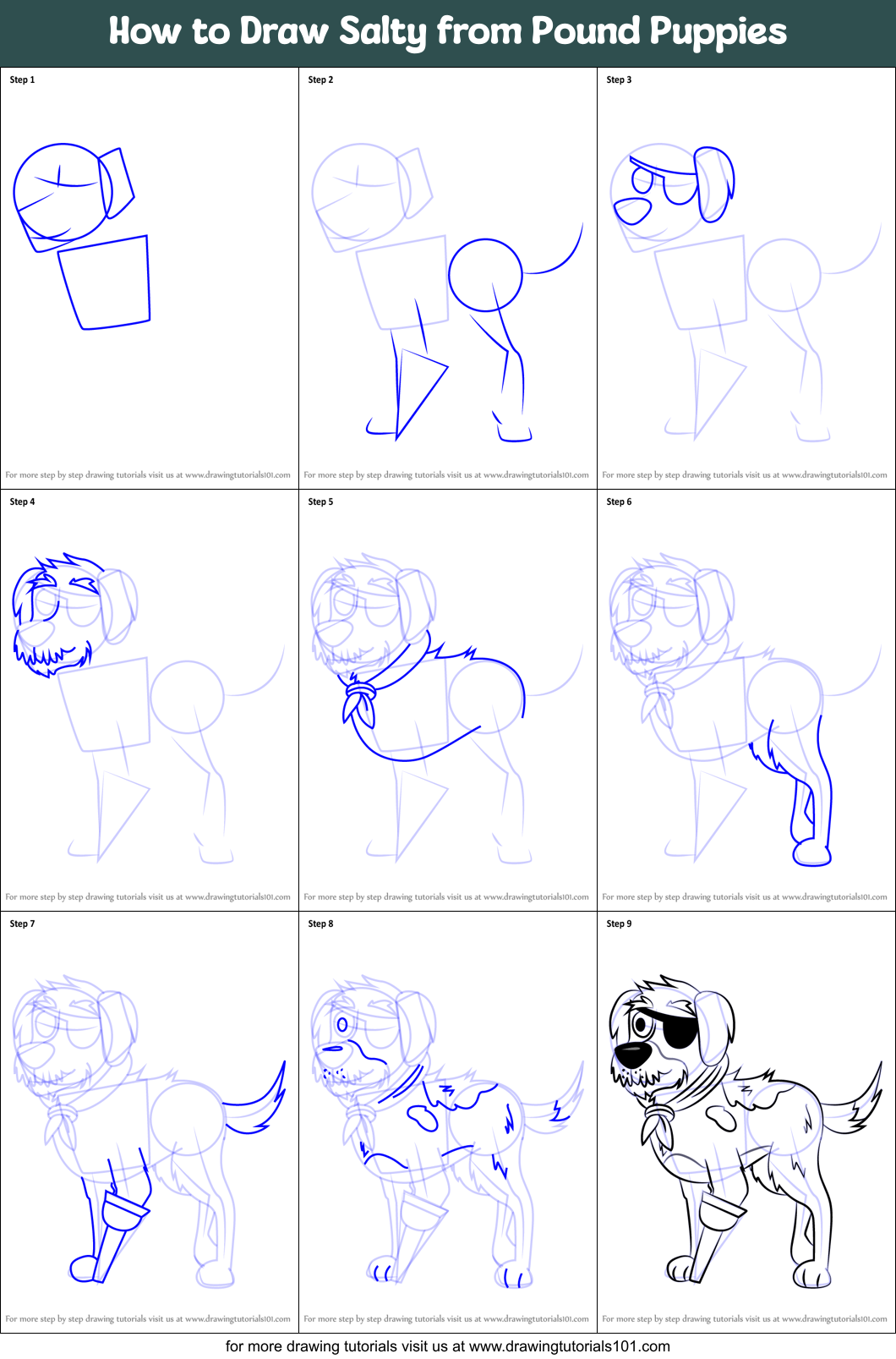 How to Draw Salty from Pound Puppies Printable Step by Step