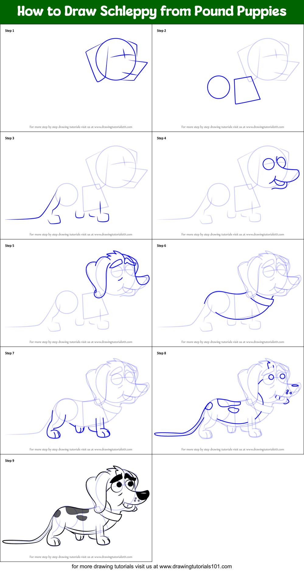 How to Draw Schleppy from Pound Puppies Printable Step by Step