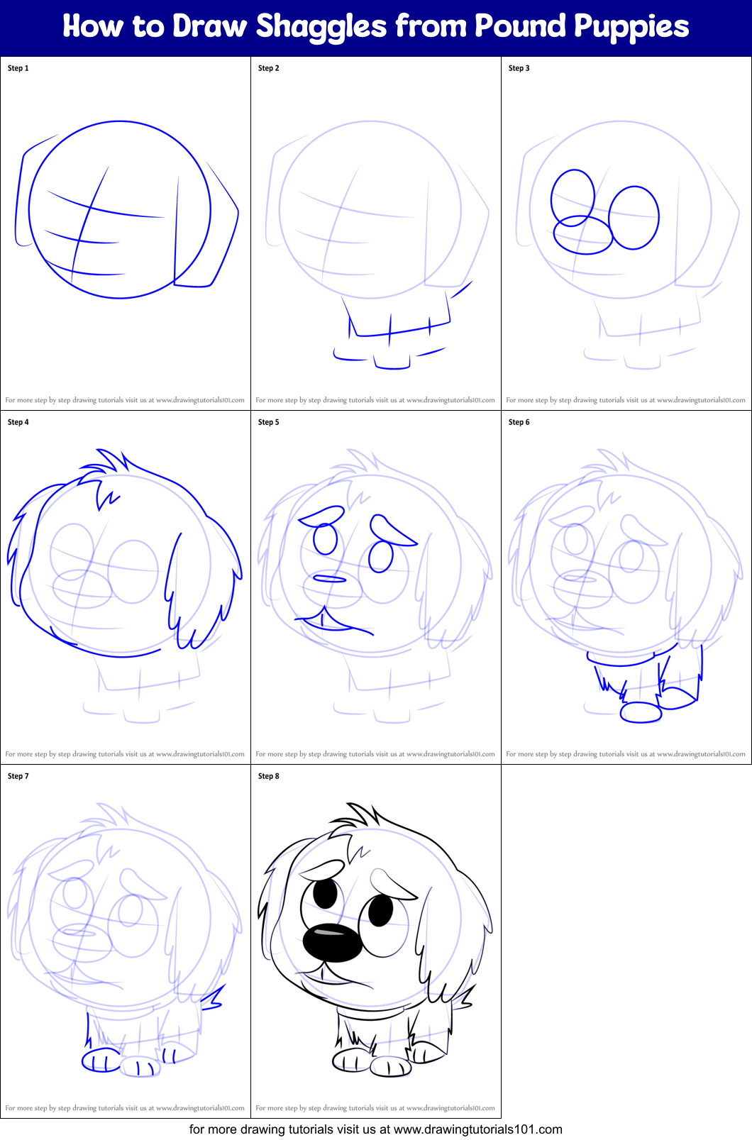 How to Draw Shaggles from Pound Puppies Printable Step by Step
