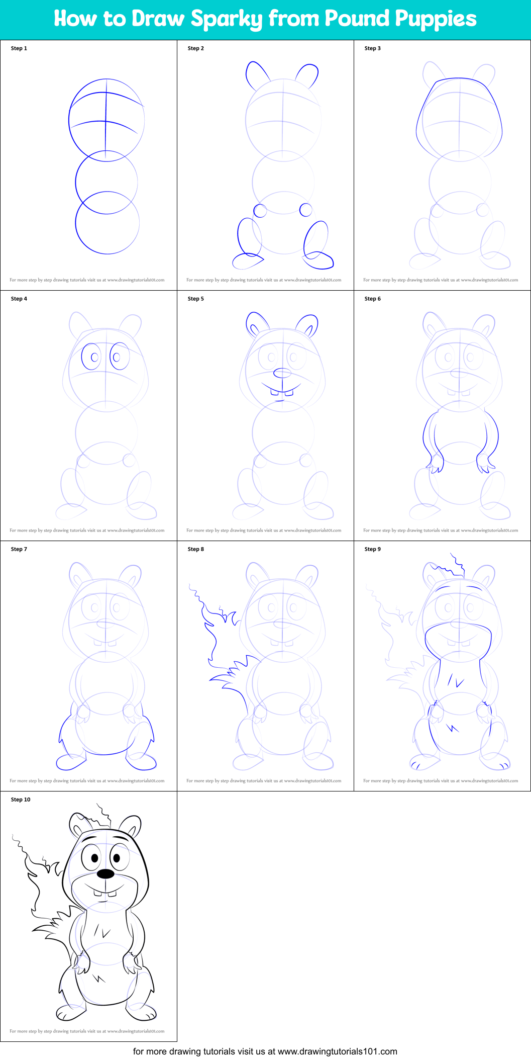 How to Draw Sparky from Pound Puppies Printable Step by Step