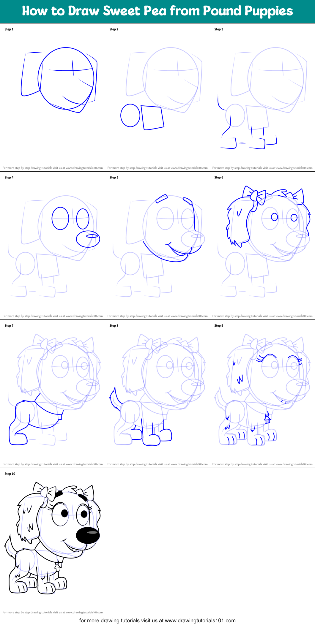 How to Draw Sweet Pea from Pound Puppies Printable Step by Step
