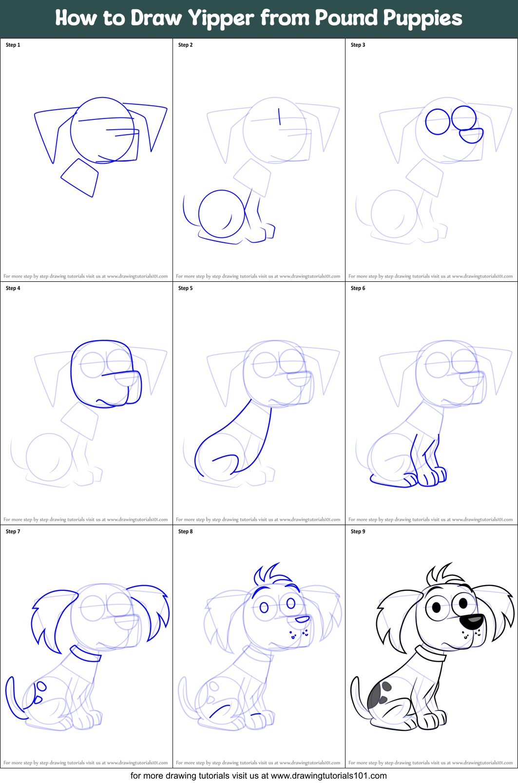 How to Draw Yipper from Pound Puppies Printable Step by Step