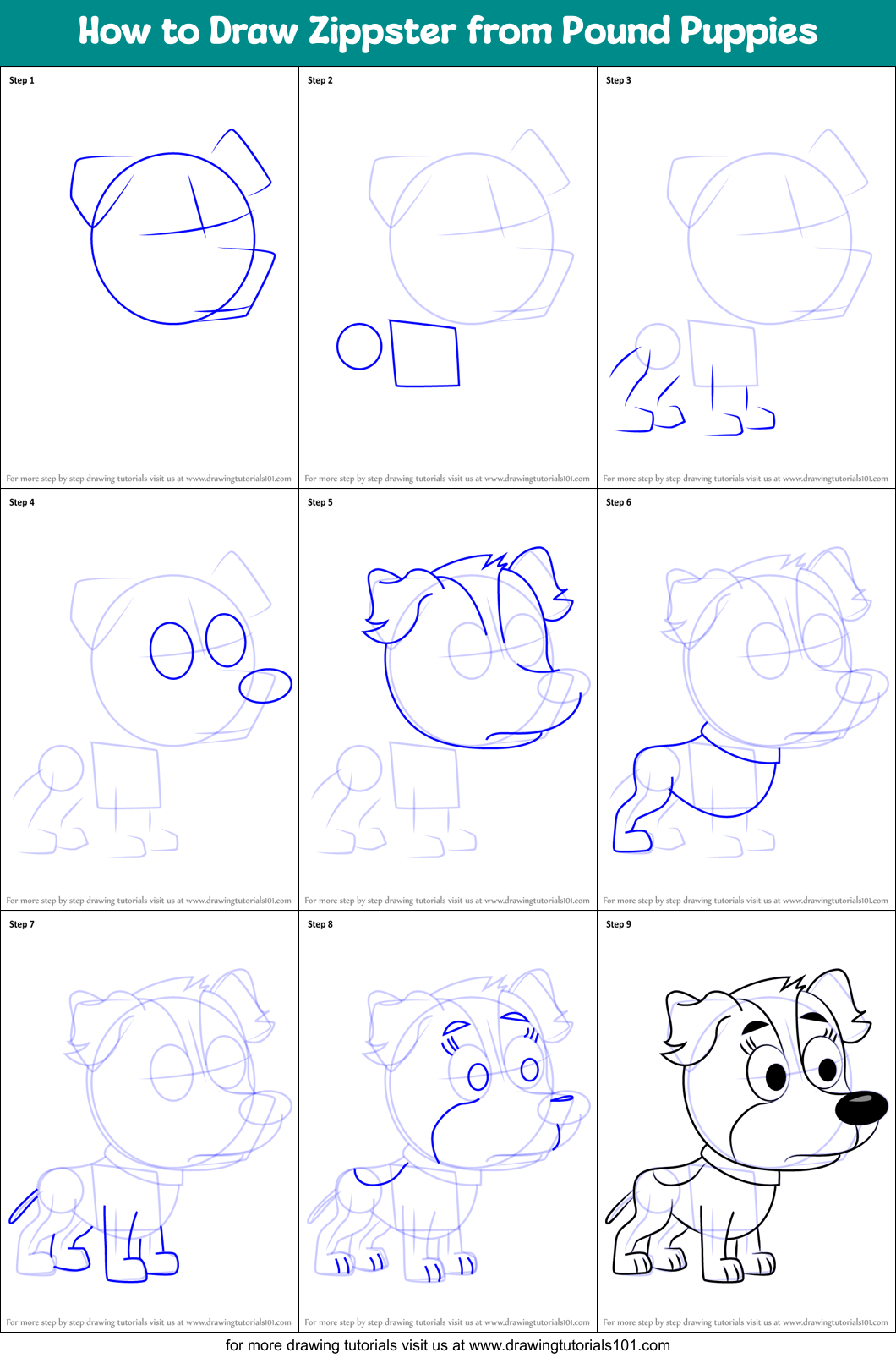 How to Draw Zippster from Pound Puppies Printable Step by Step