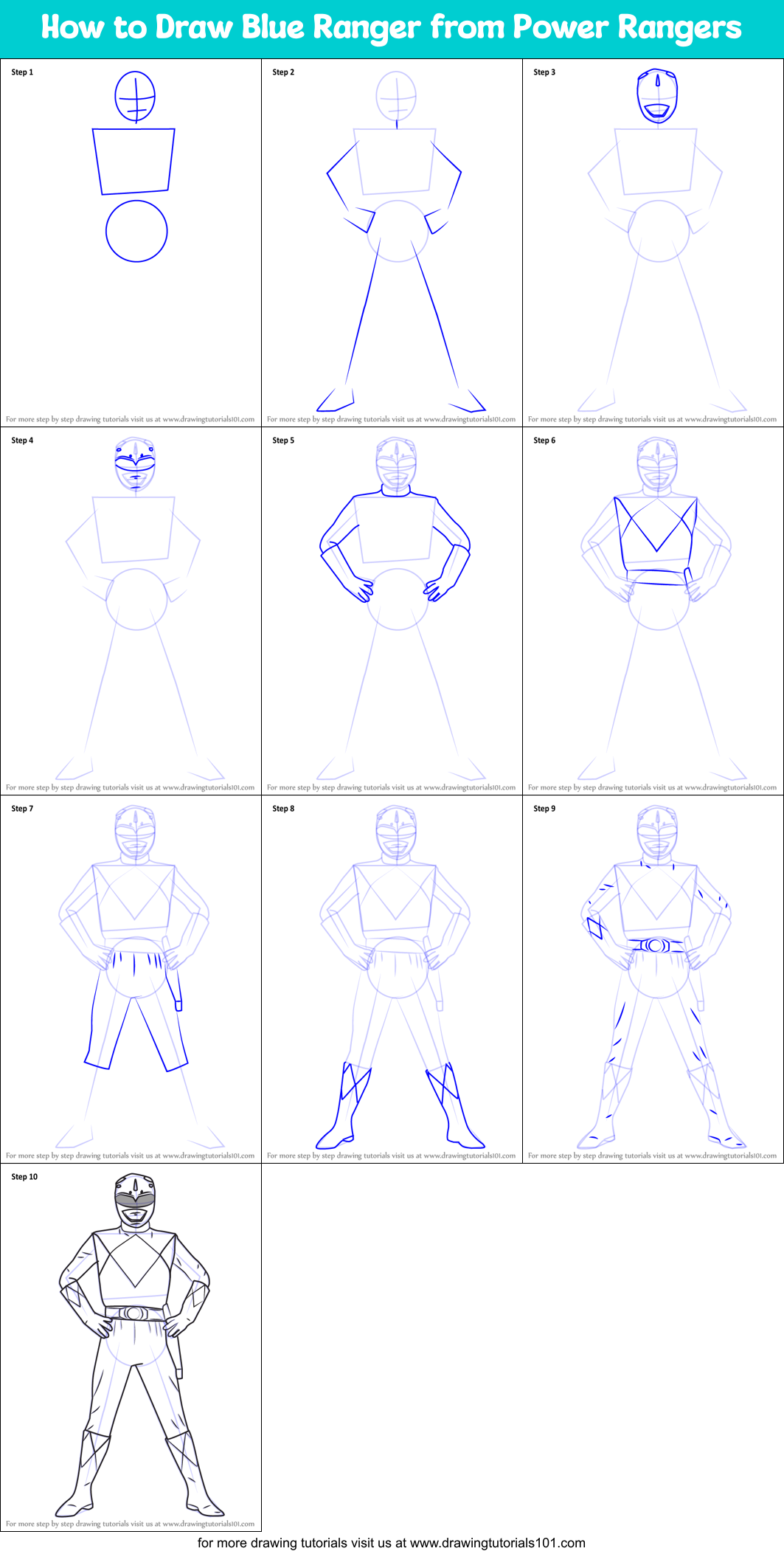 How to Draw Blue Ranger from Power Rangers Printable Step by Step