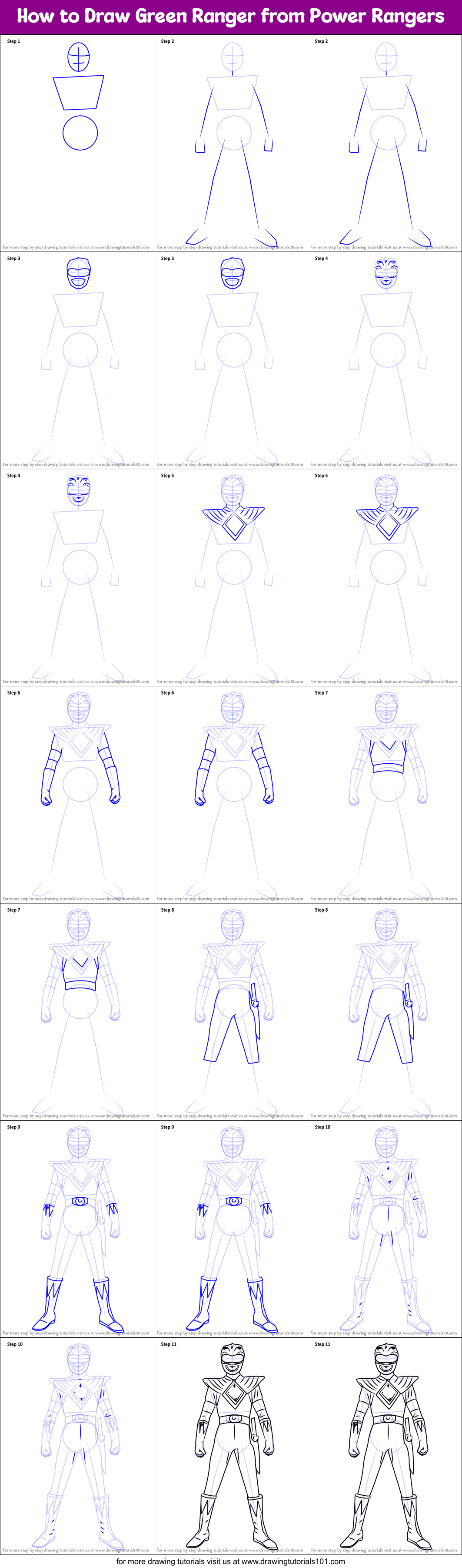 How To Draw Green Ranger From Power Rangers Printable Step By Step