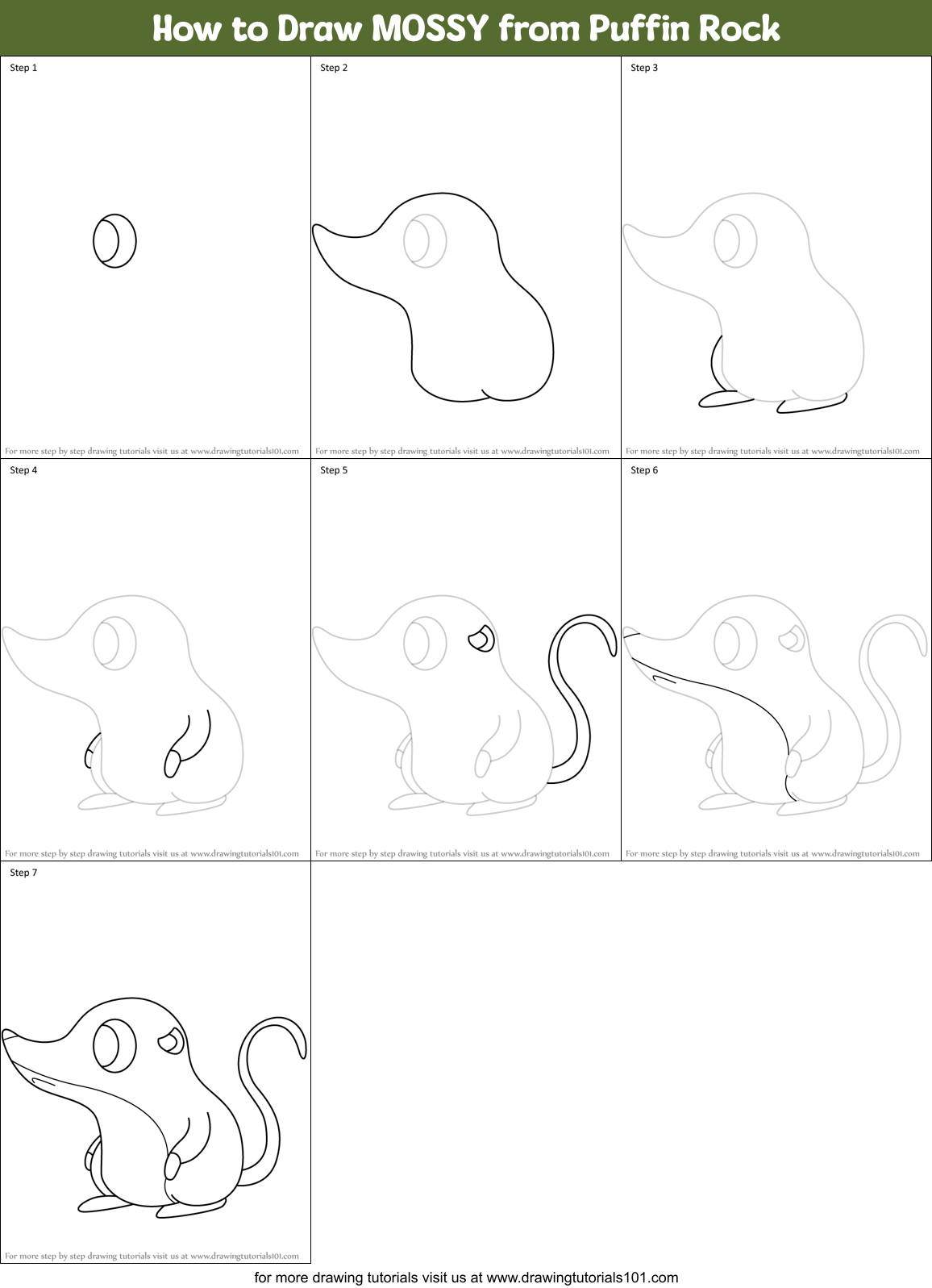 How to Draw MOSSY from Puffin Rock Printable Step by Step