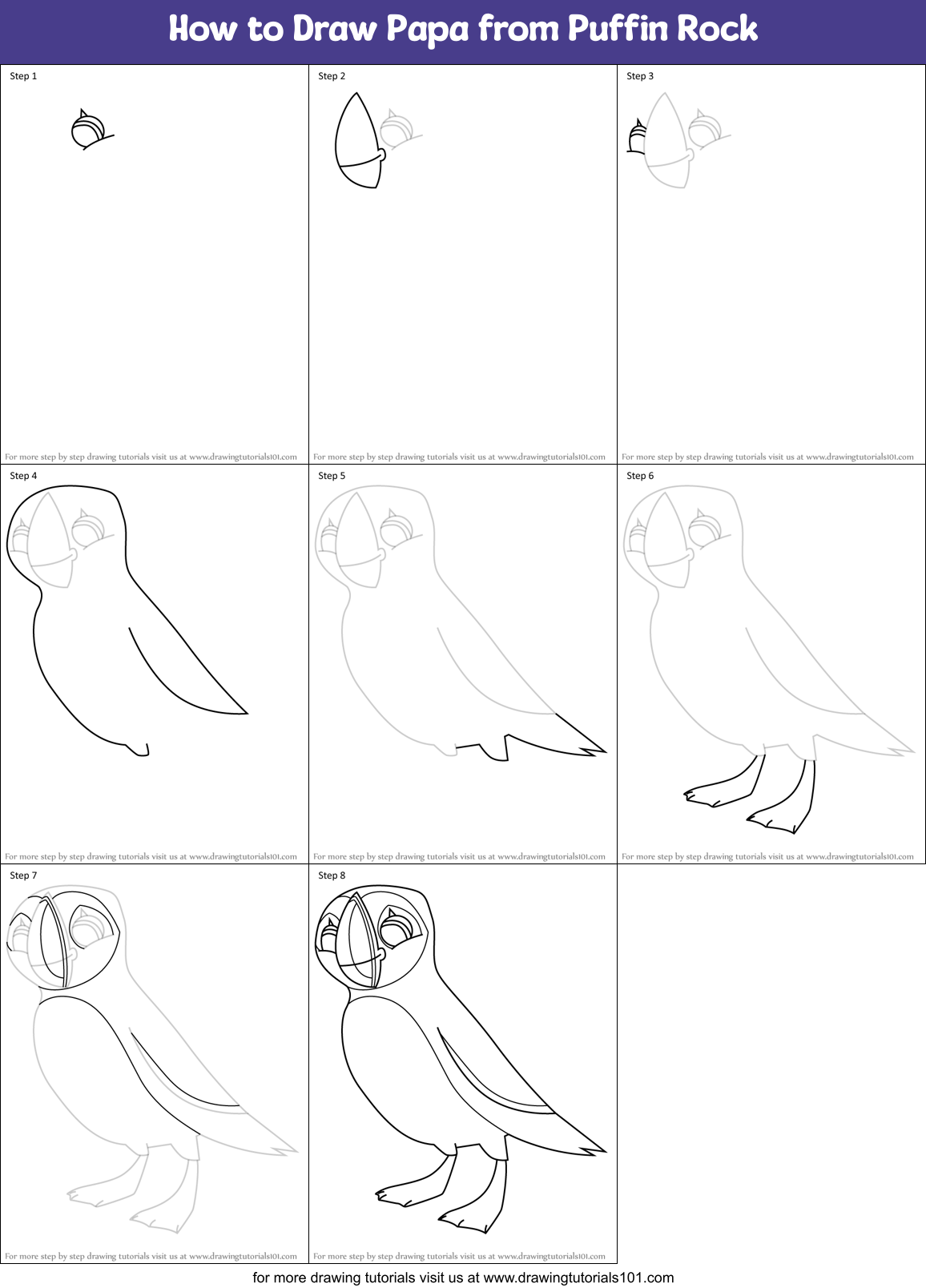 How to Draw Papa from Puffin Rock Printable Step by Step