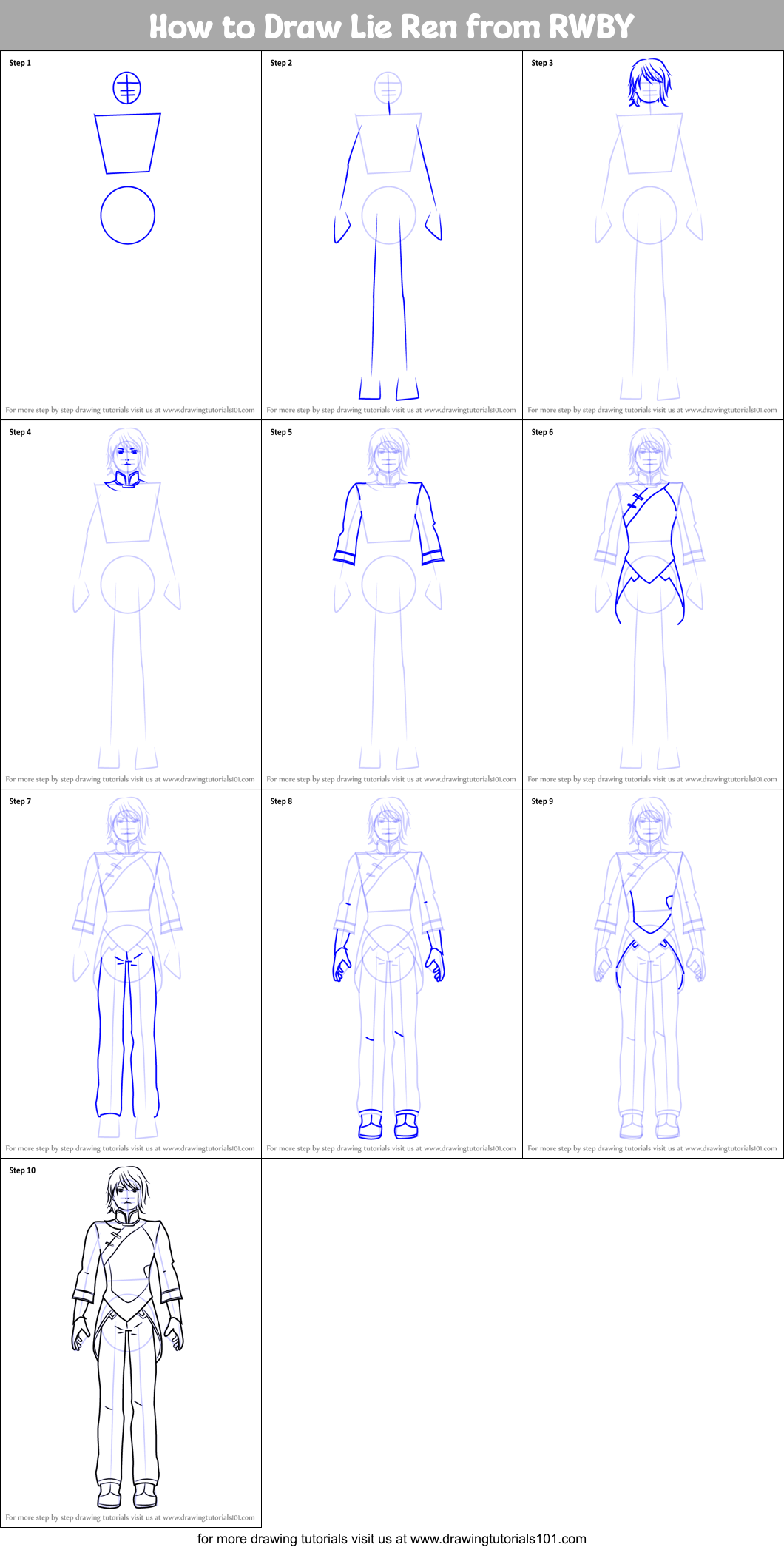How to Draw Lie Ren from RWBY Printable Step by Step