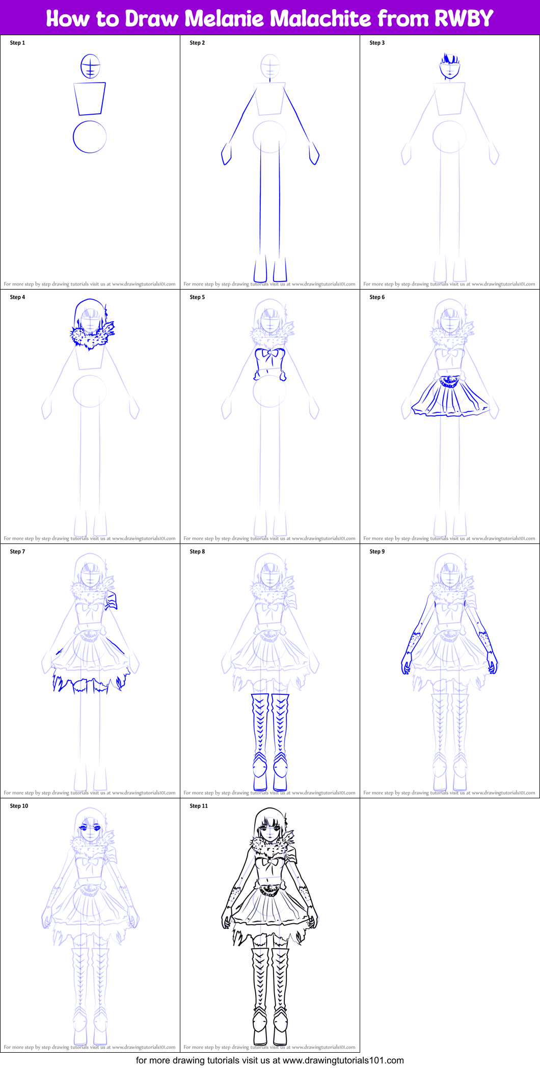How to Draw Melanie Malachite from RWBY Printable Step by Step