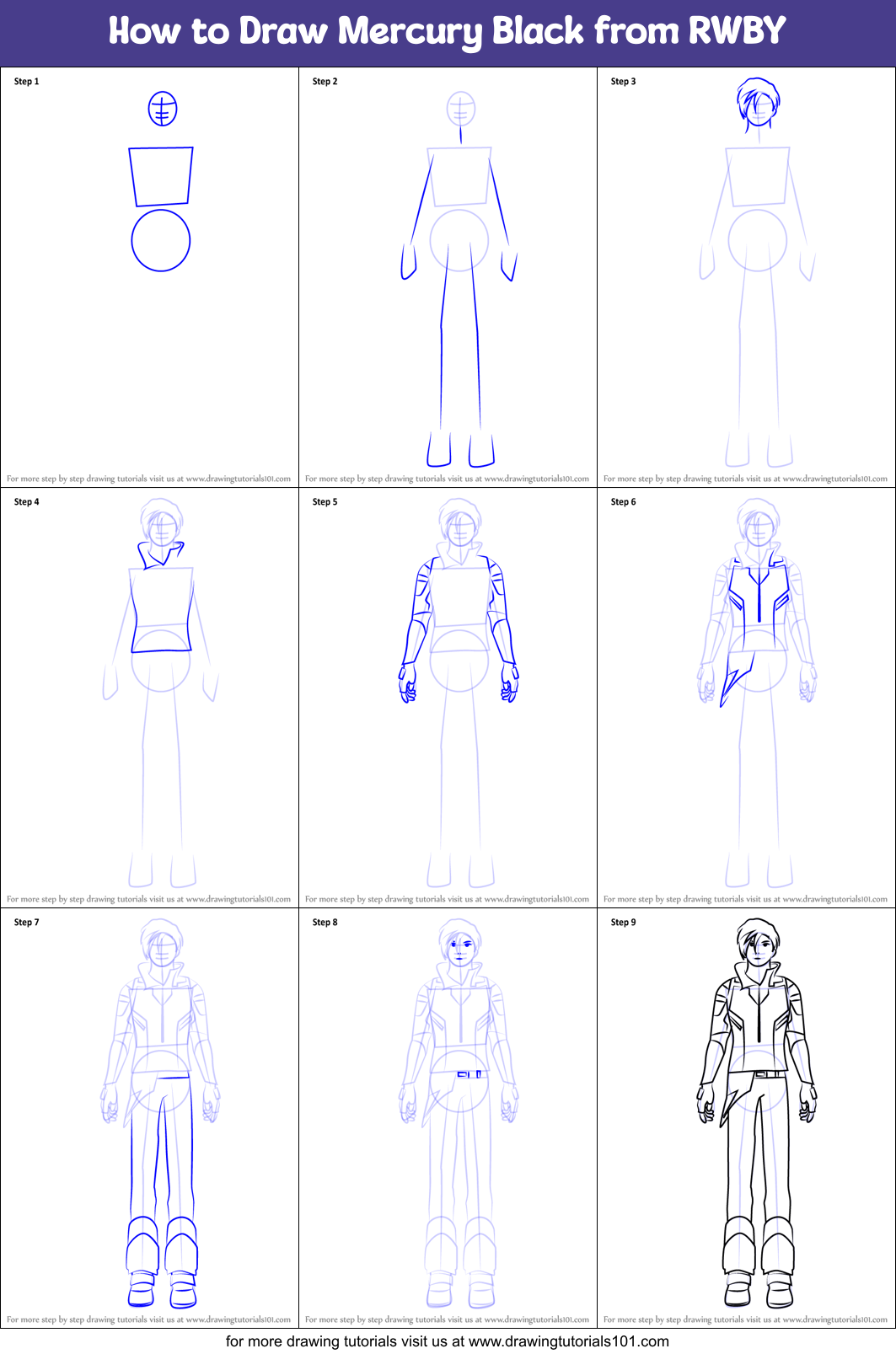 How to Draw Mercury Black from RWBY Printable Step by Step