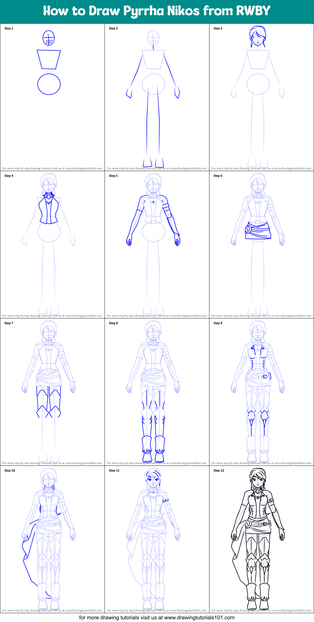 How to Draw Pyrrha Nikos from RWBY Printable Step by Step