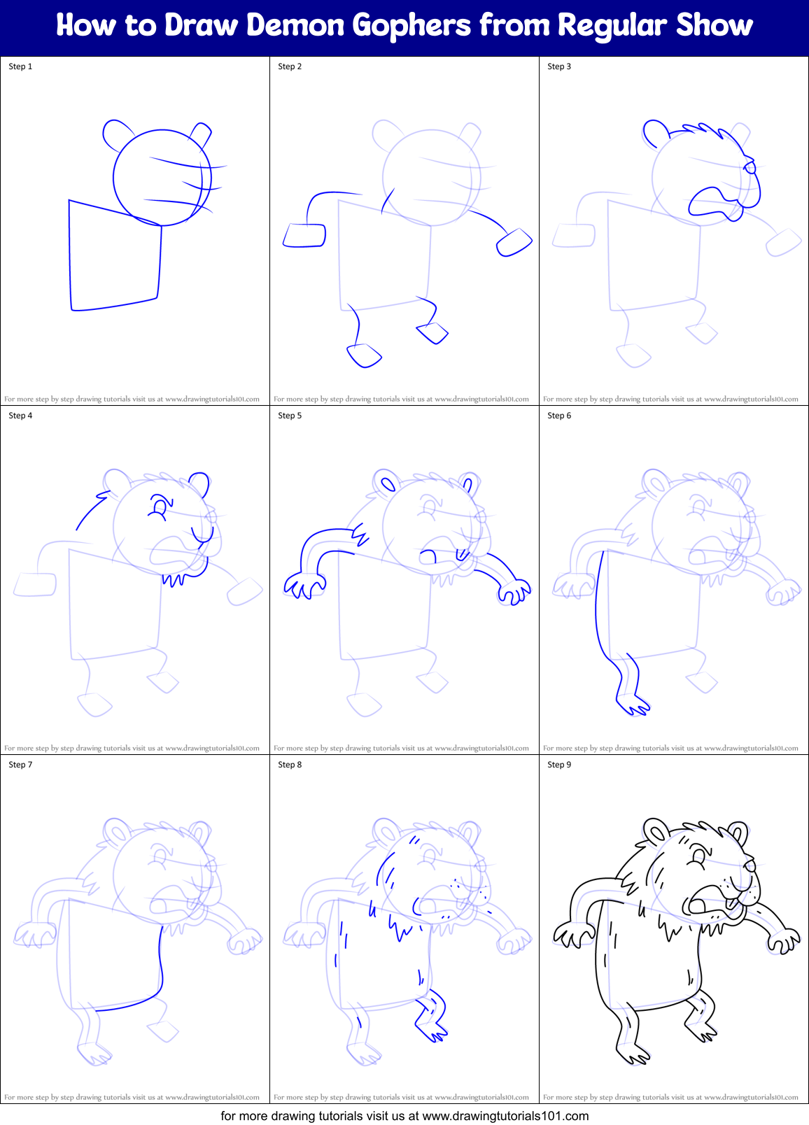 How to Draw Demon Gophers from Regular Show Printable Step by Step
