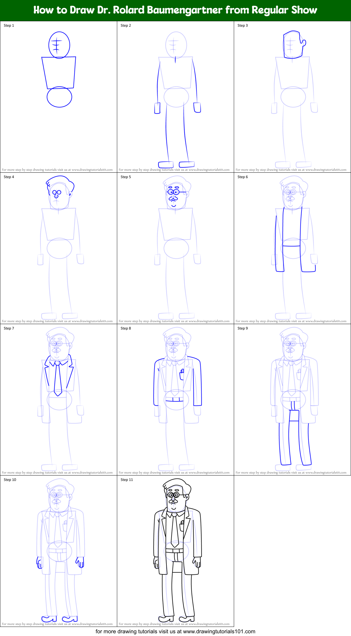 How to Draw Dr. Rolard Baumengartner from Regular Show Printable Step by Step