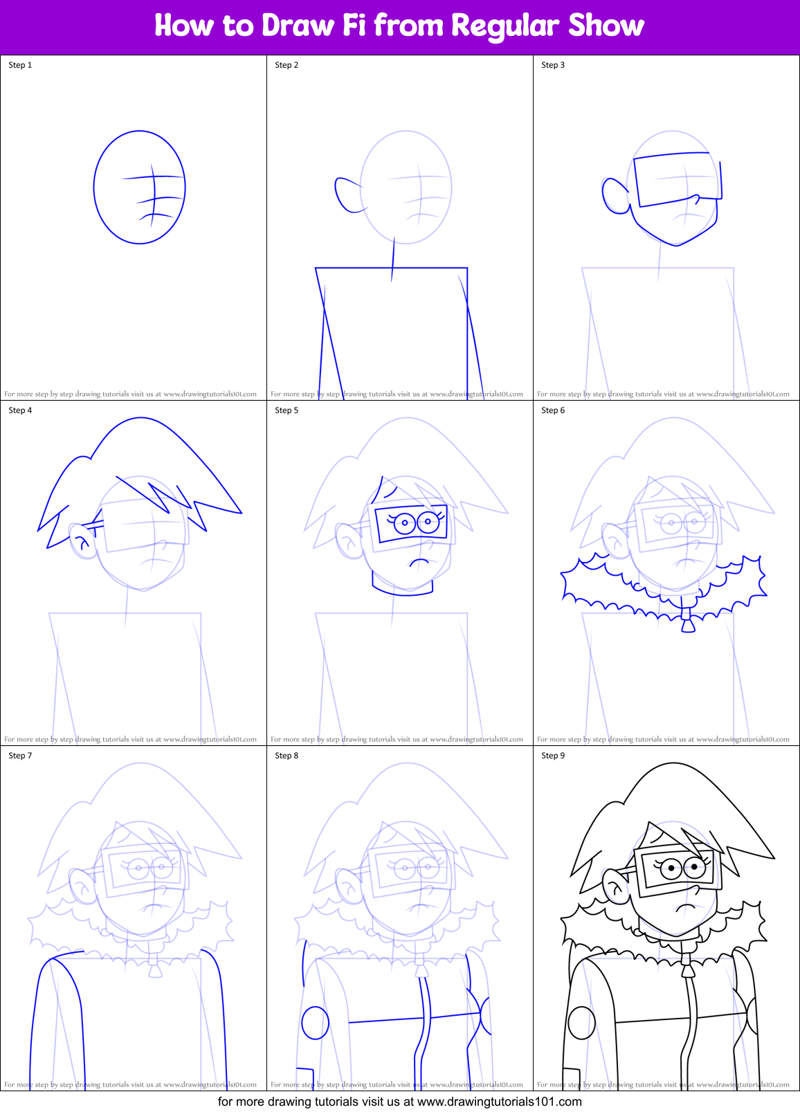 How to Draw Fi from Regular Show Printable Step by Step