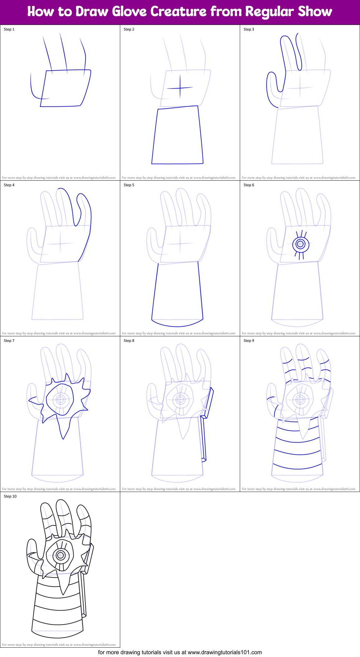 How to Draw Glove Creature from Regular Show Printable Step by Step