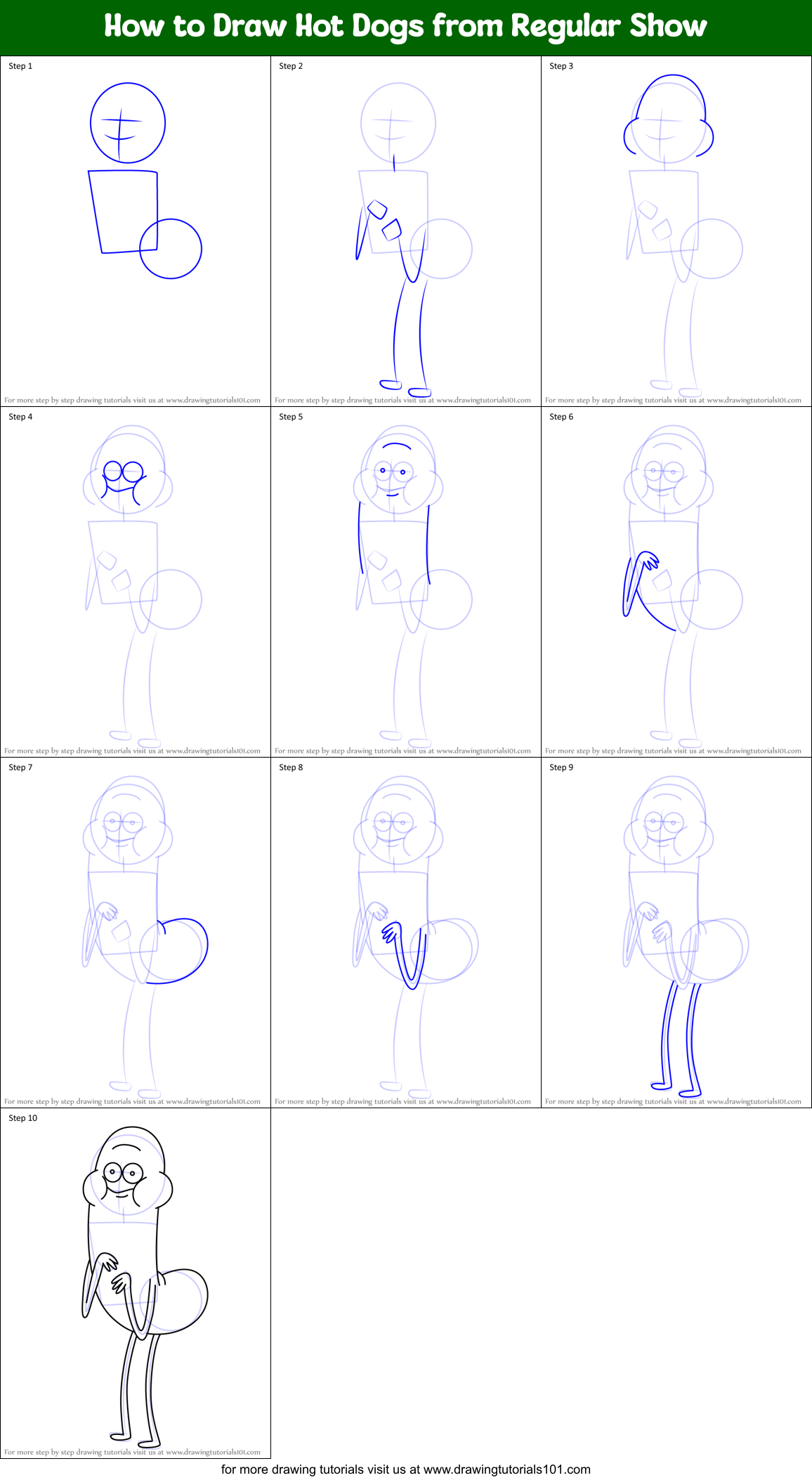 How to Draw Hot Dogs from Regular Show Printable Step by Step