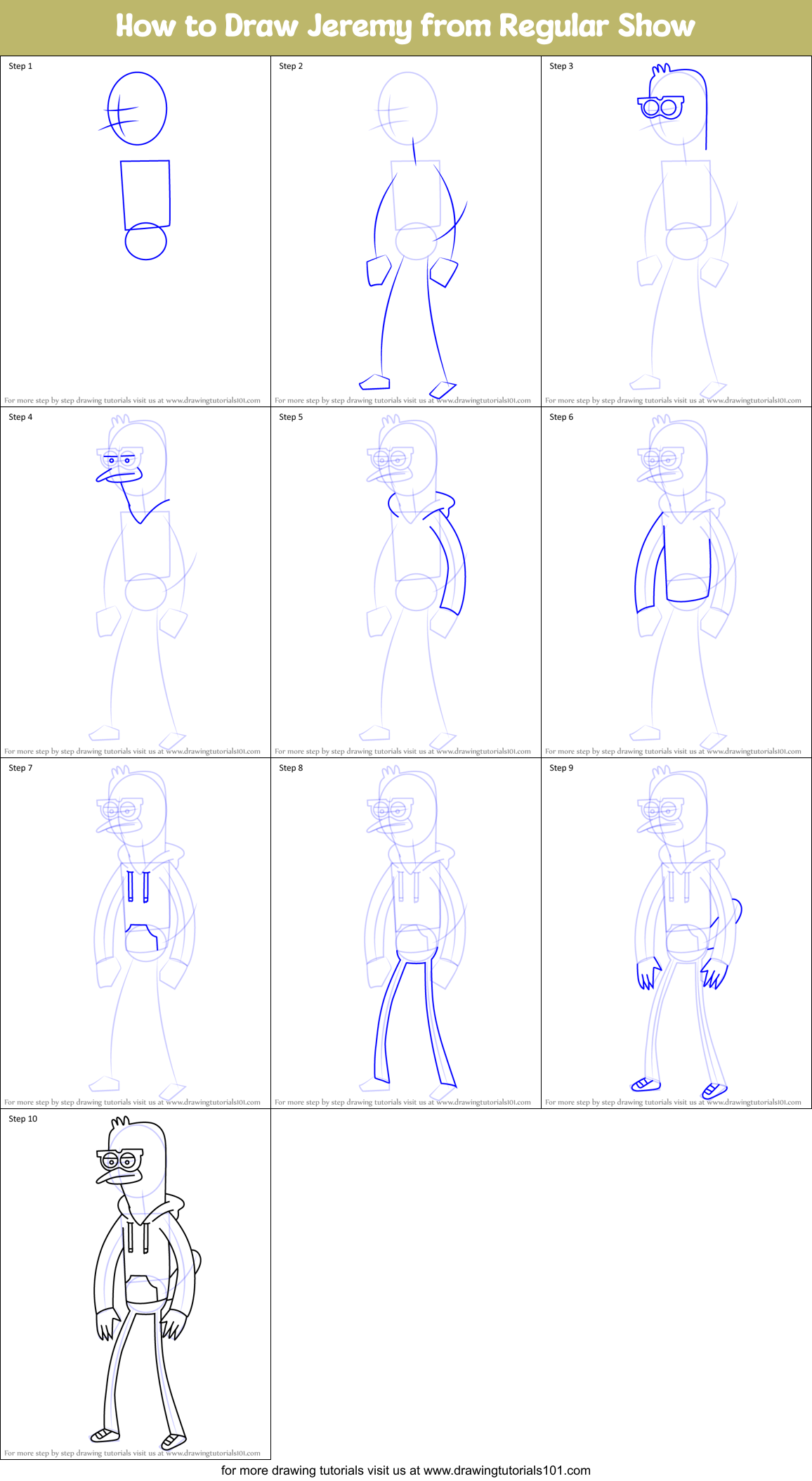 How to Draw Jeremy from Regular Show Printable Step by Step
