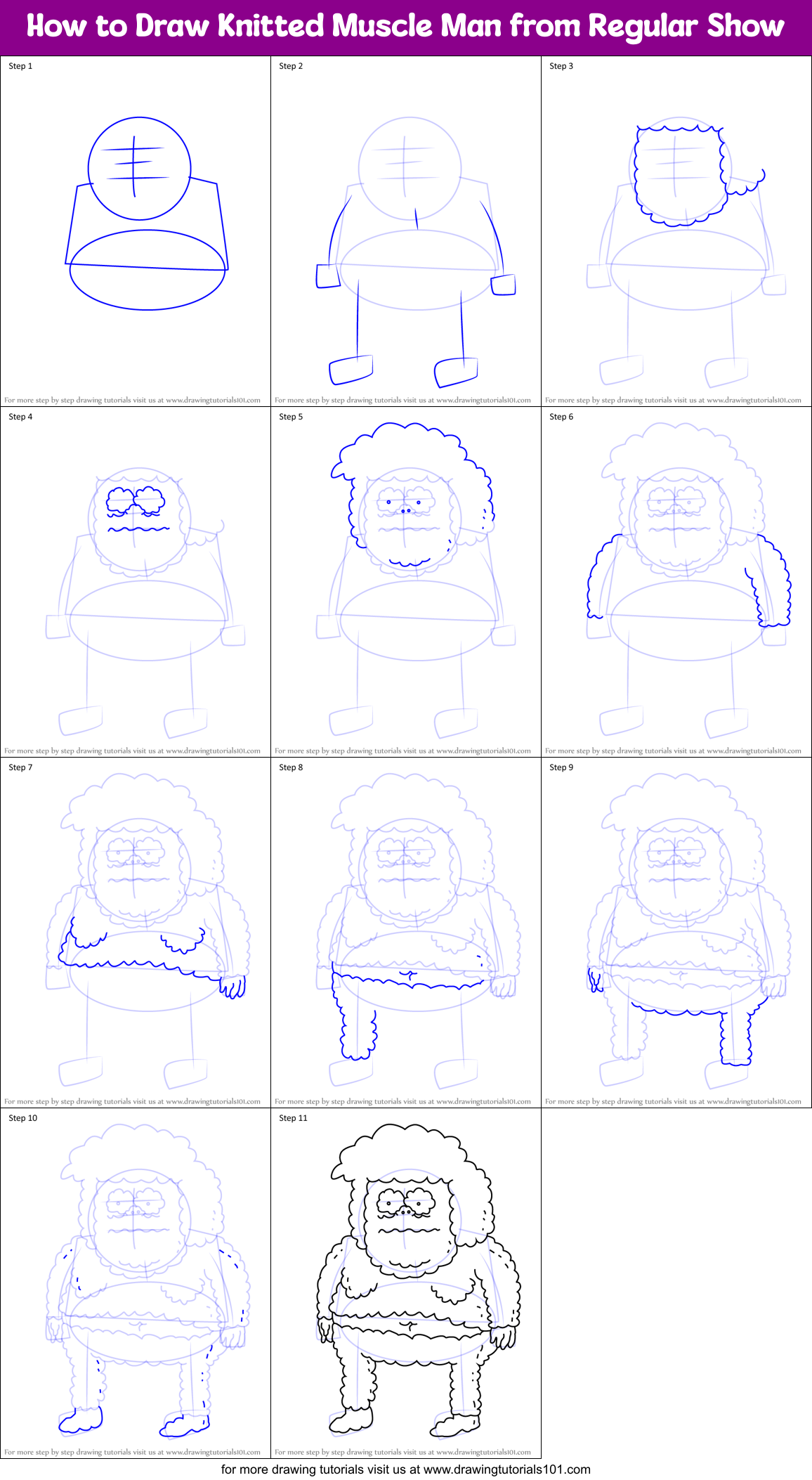 How to Draw Knitted Muscle Man from Regular Show Printable Step by Step