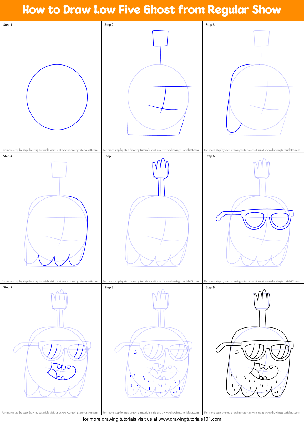 How to Draw Low Five Ghost from Regular Show Printable Step by Step