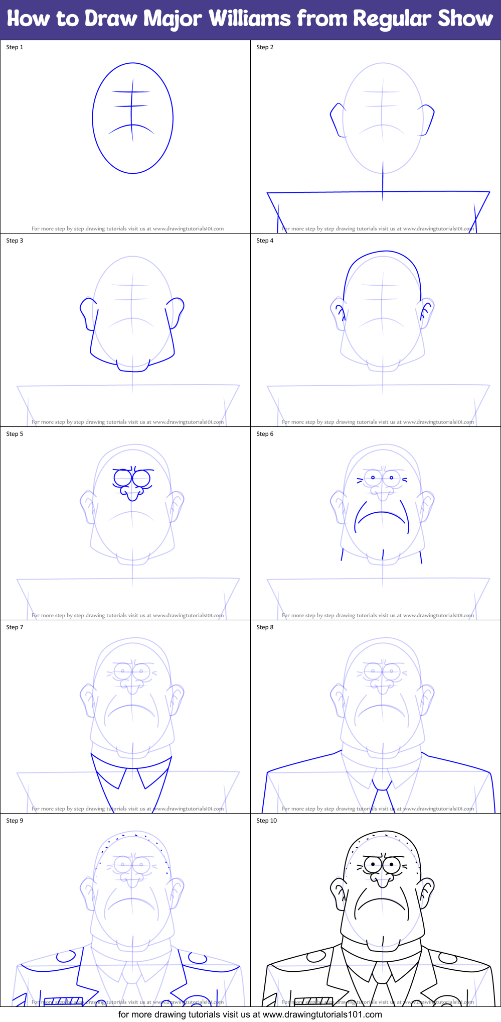 How to Draw Major Williams from Regular Show Printable Step by Step