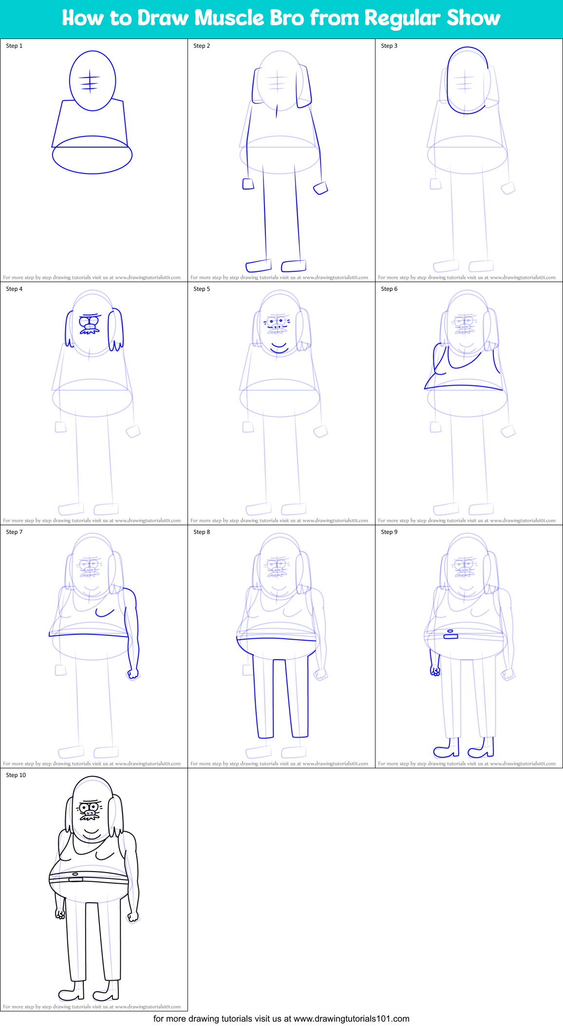 How to Draw Muscle Bro from Regular Show Printable Step by Step