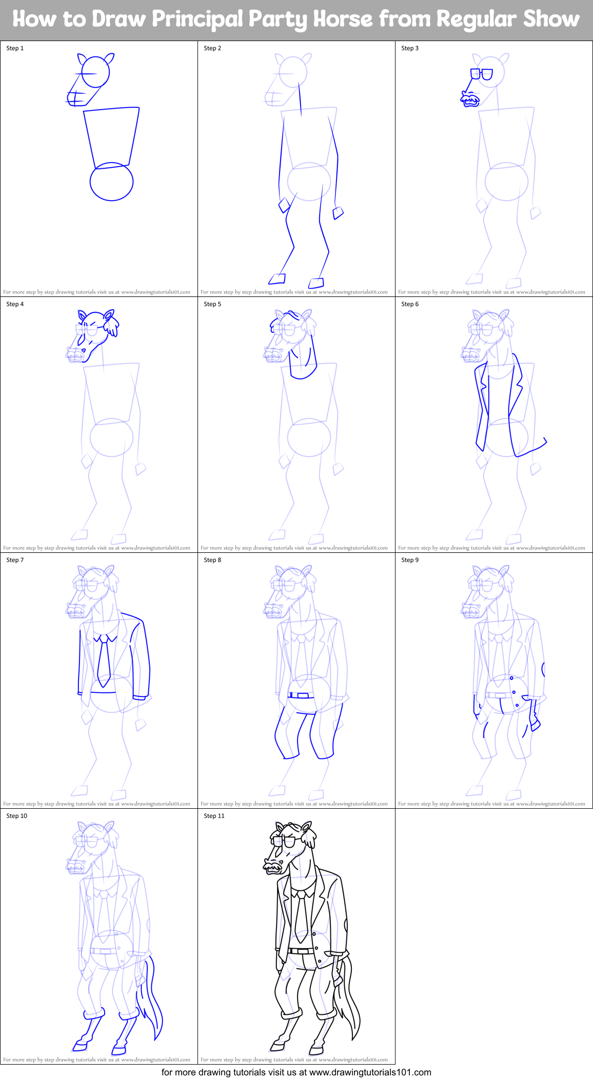 How to Draw Principal Party Horse from Regular Show Printable Step by Step