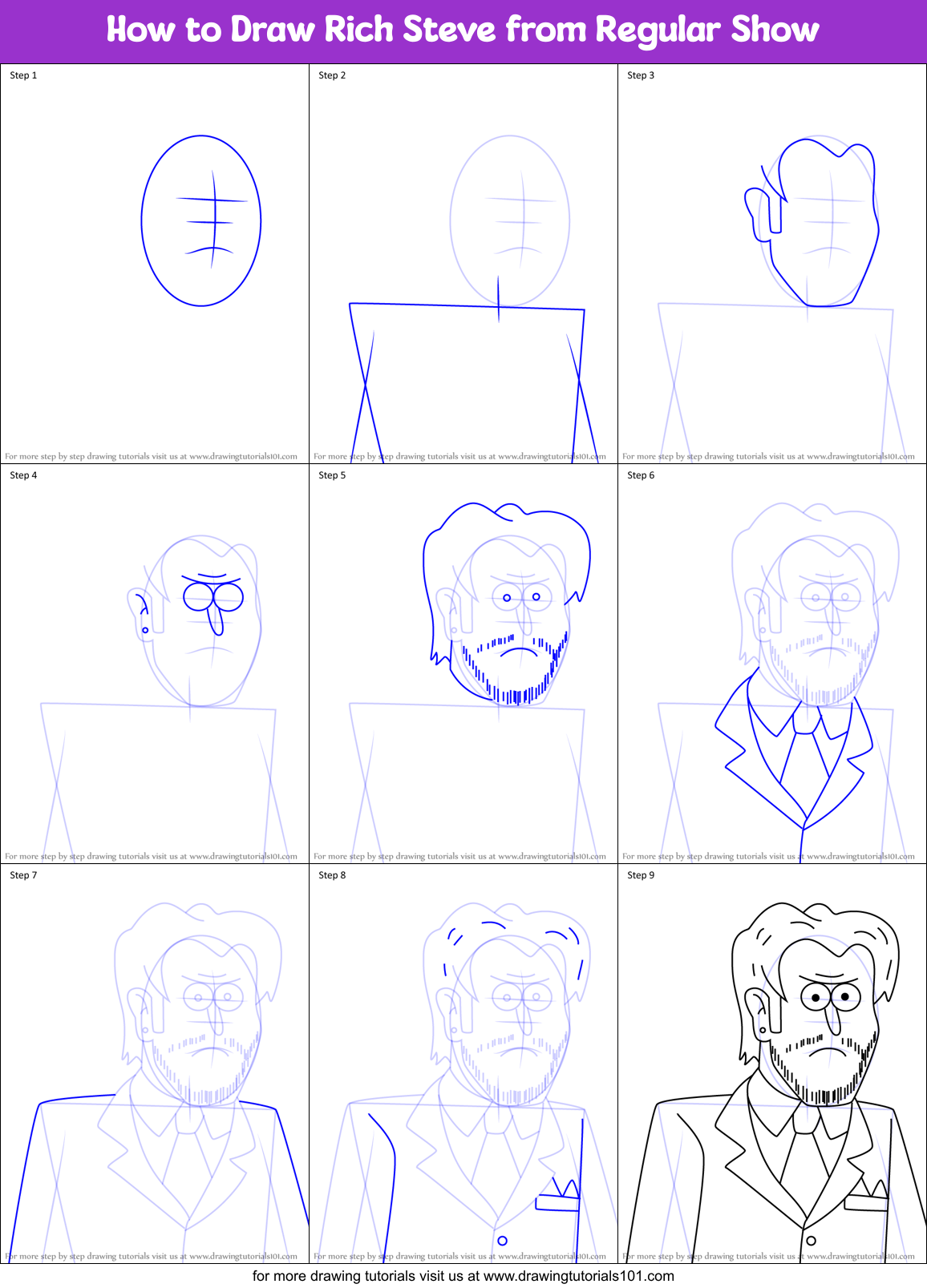 How to Draw Rich Steve from Regular Show Printable Step by Step