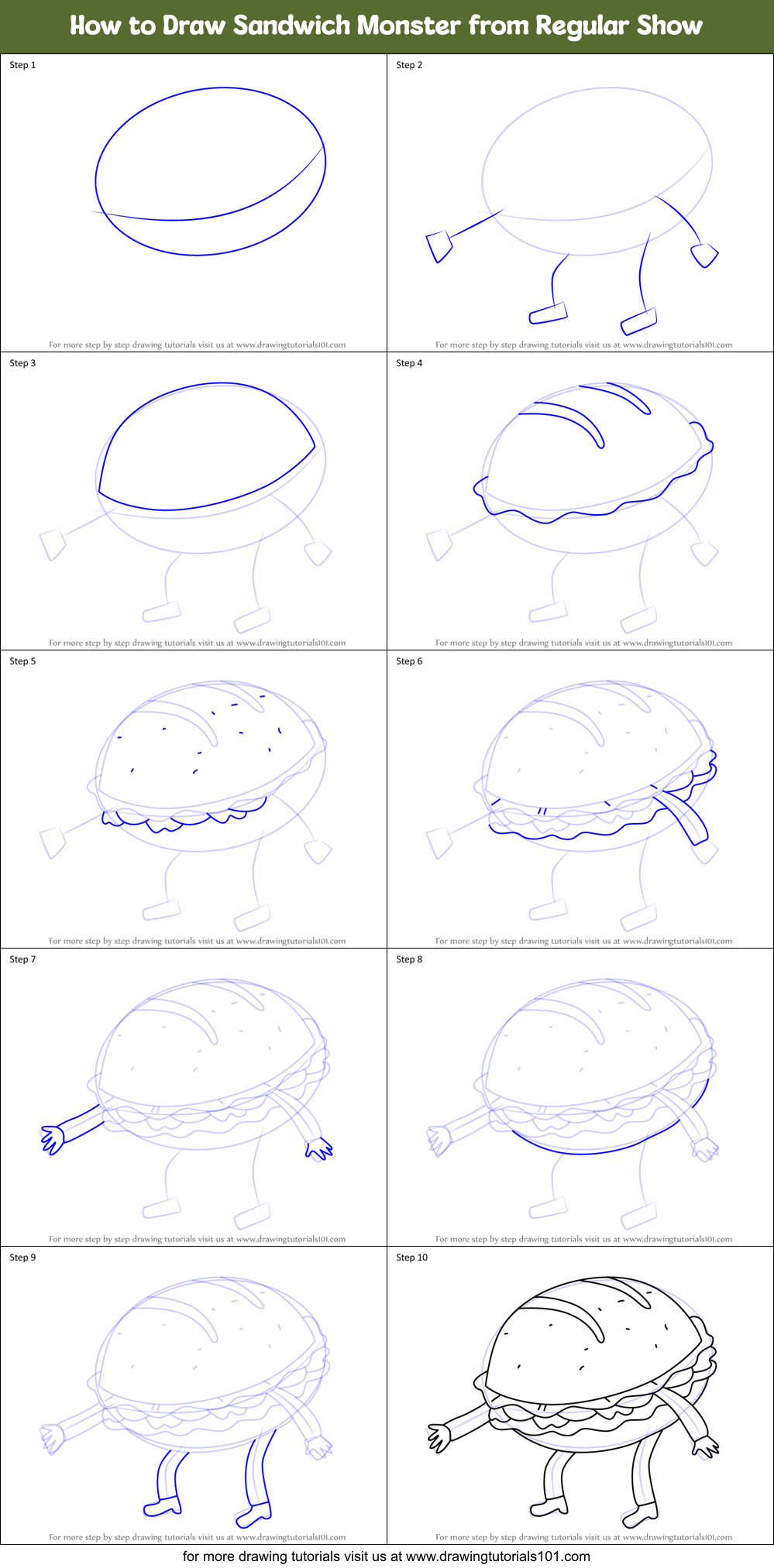 How to Draw Sandwich Monster from Regular Show Printable Step by Step