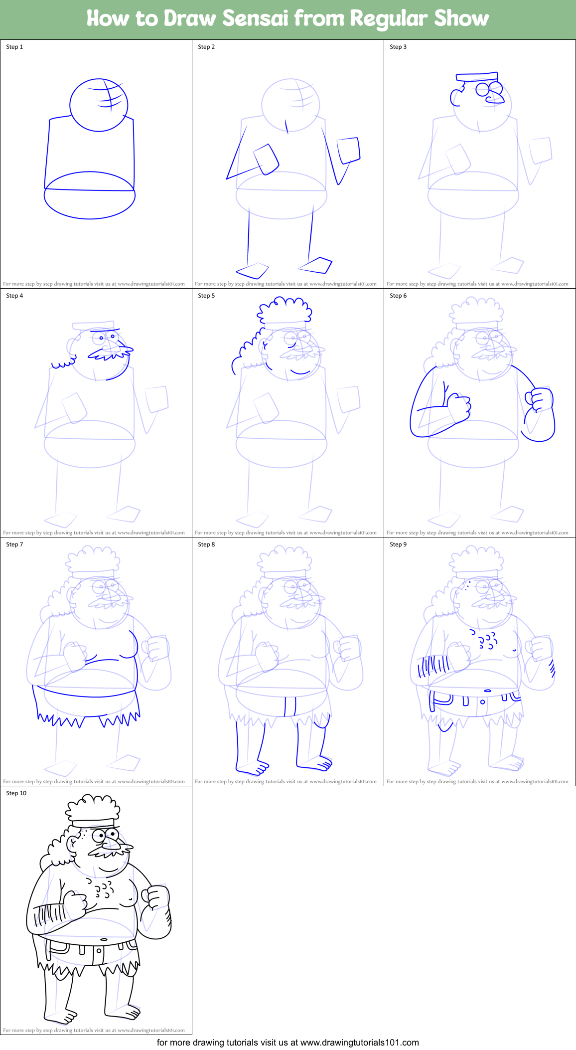 How to Draw Sensai from Regular Show Printable Step by Step