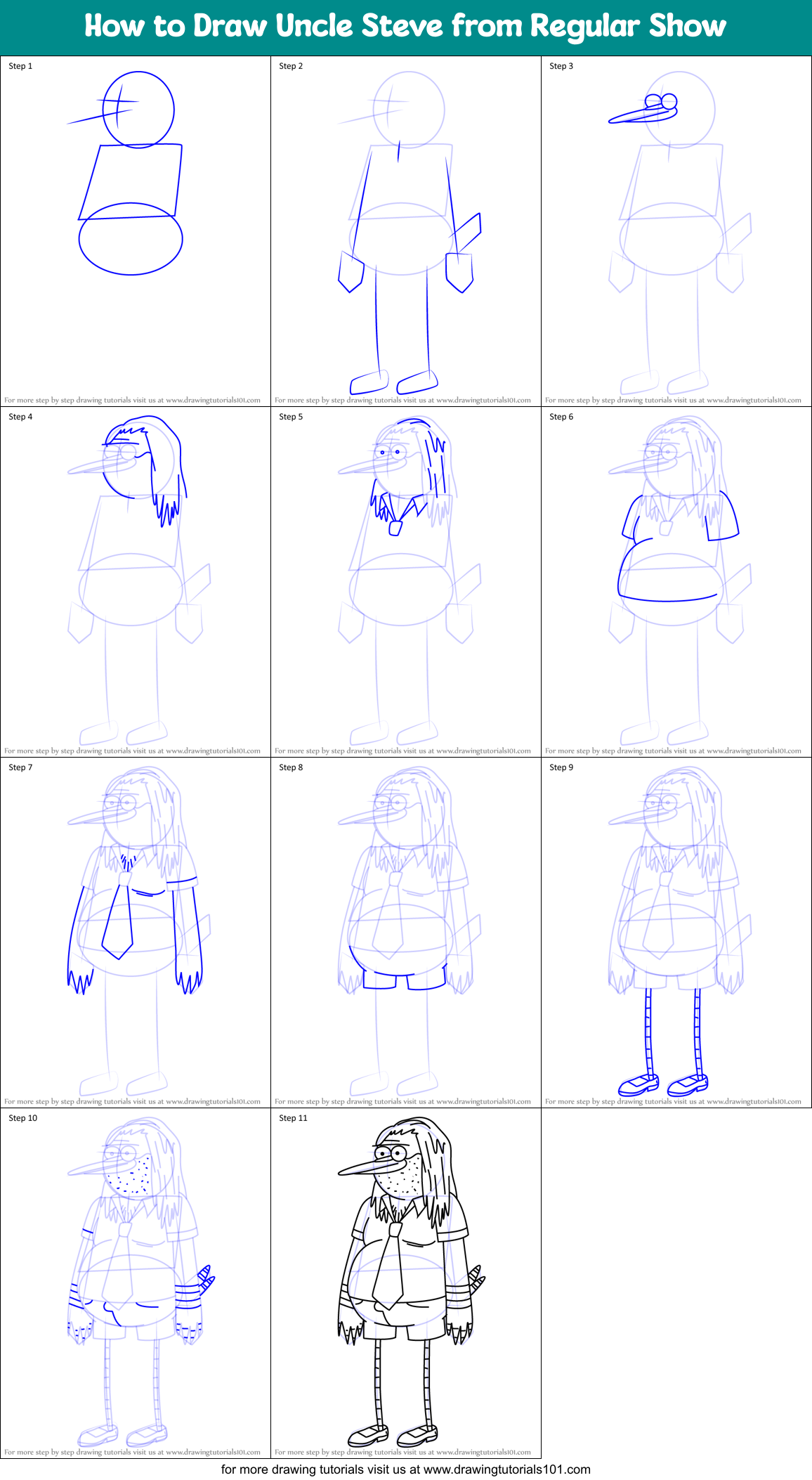 How to Draw Uncle Steve from Regular Show Printable Step by Step