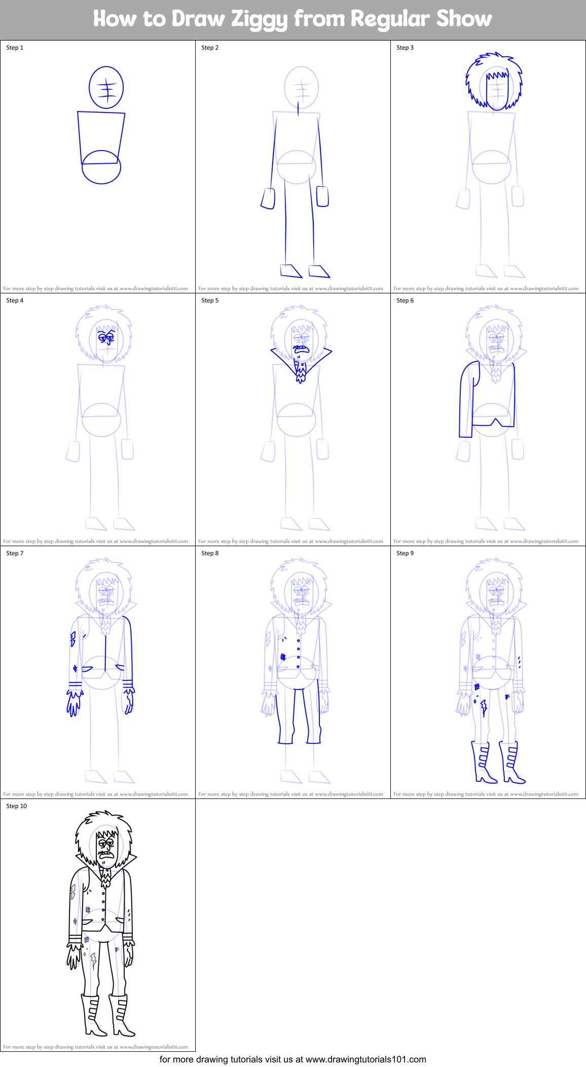 How to Draw Ziggy from Regular Show Printable Step by Step