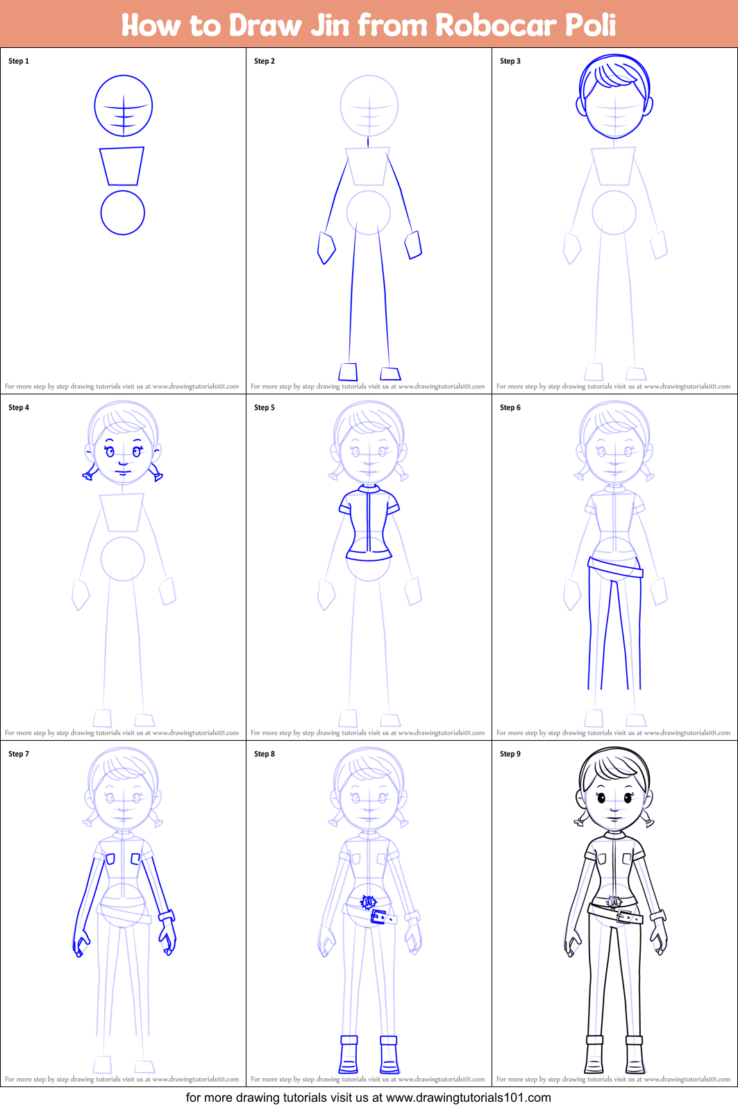 How to Draw Jin from Robocar Poli Printable Step by Step