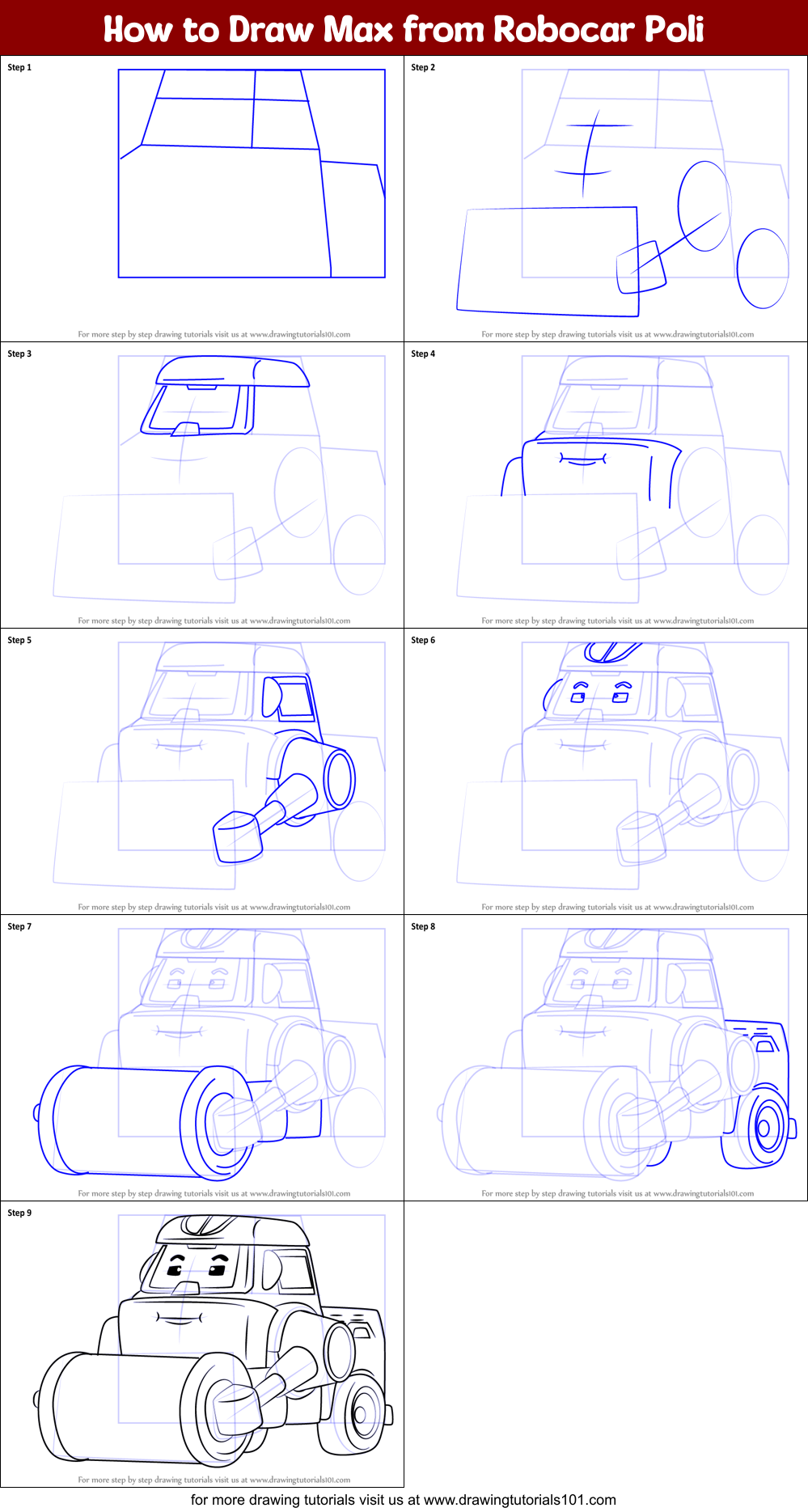 How to Draw Max from Robocar Poli Printable Step by Step