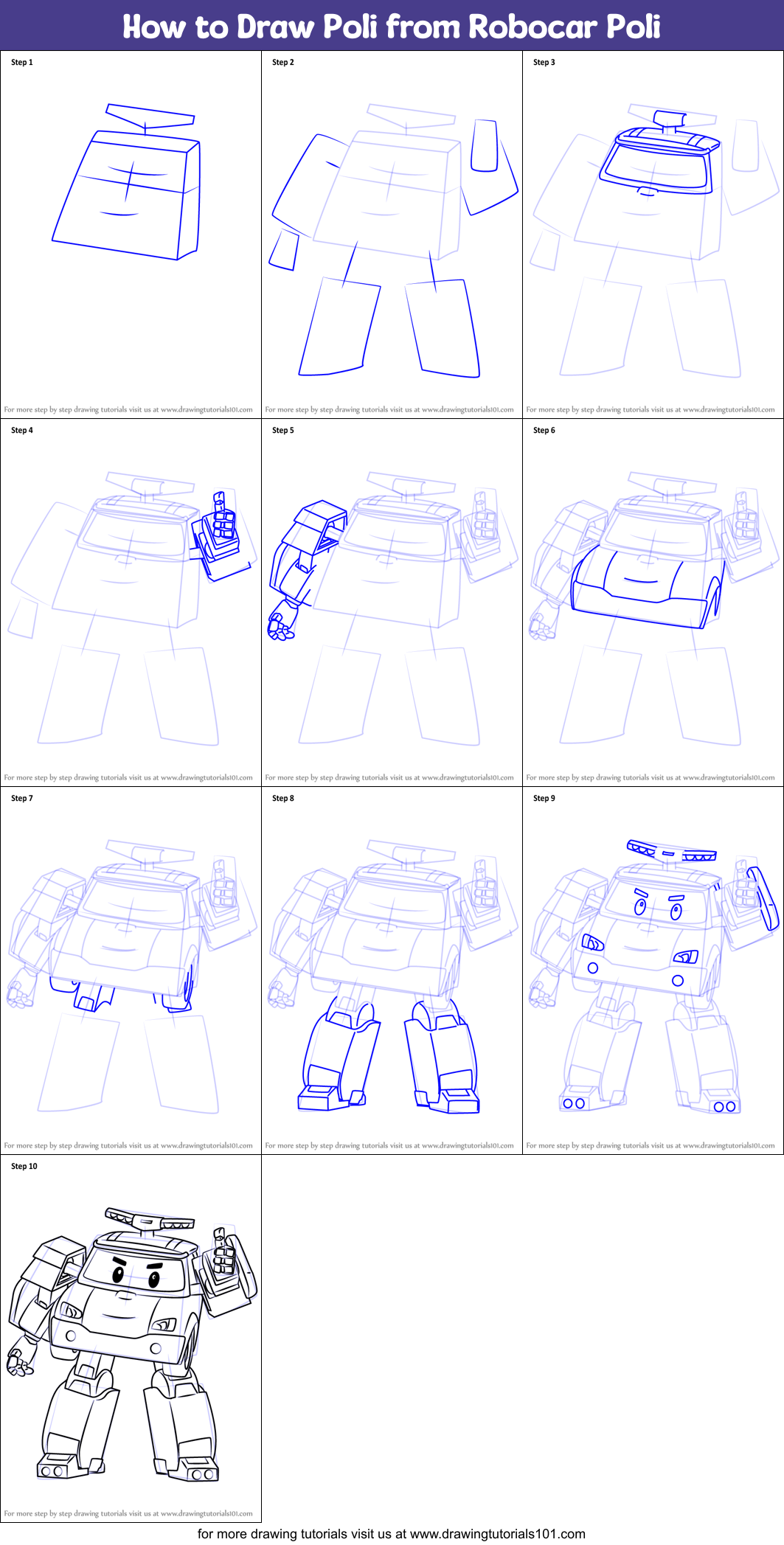 How to Draw Poli from Robocar Poli Printable Step by Step