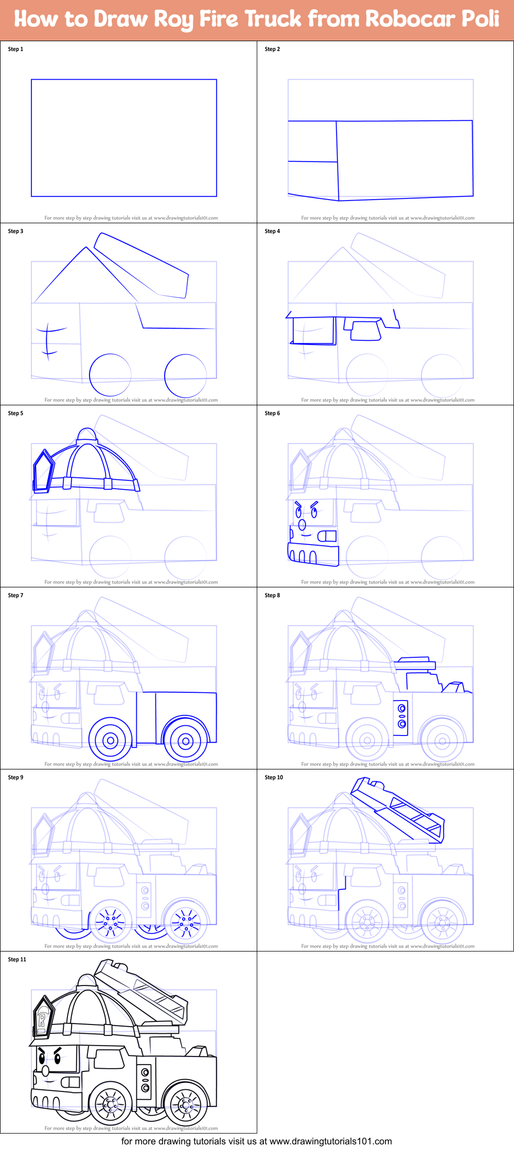 How to Draw Roy Fire Truck from Robocar Poli Printable Step by Step