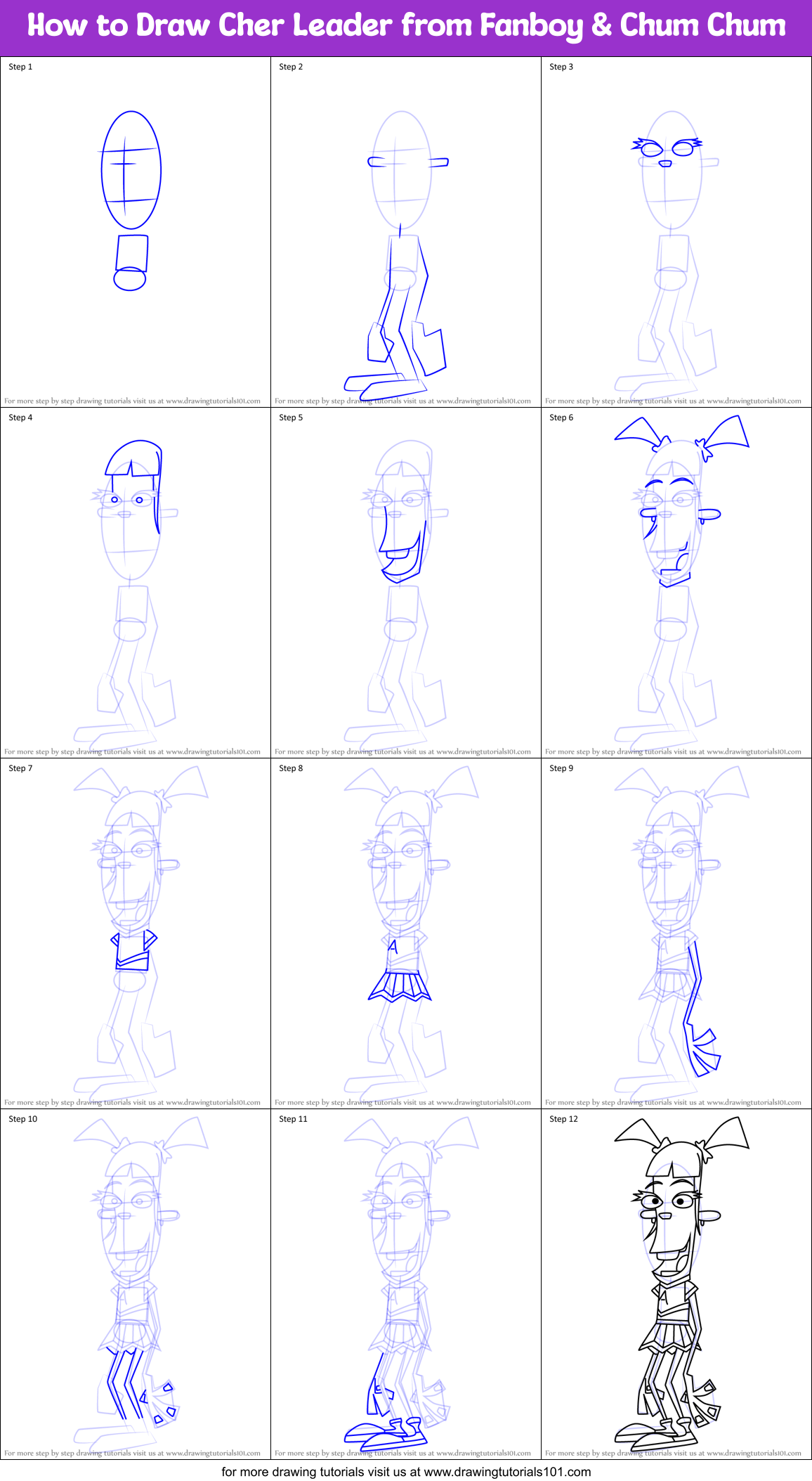 How to Draw Cher Leader from Fanboy & Chum Chum Printable Step by Step