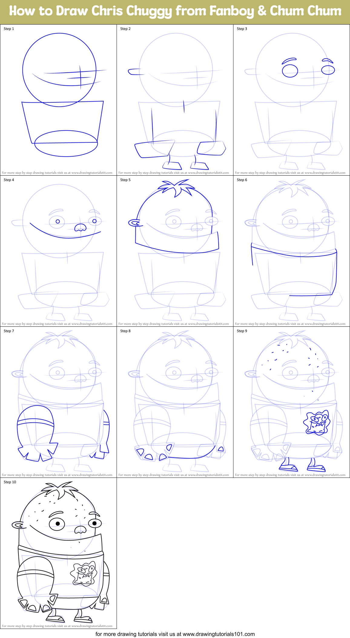 How to Draw Chris Chuggy from Fanboy & Chum Chum Printable Step by Step