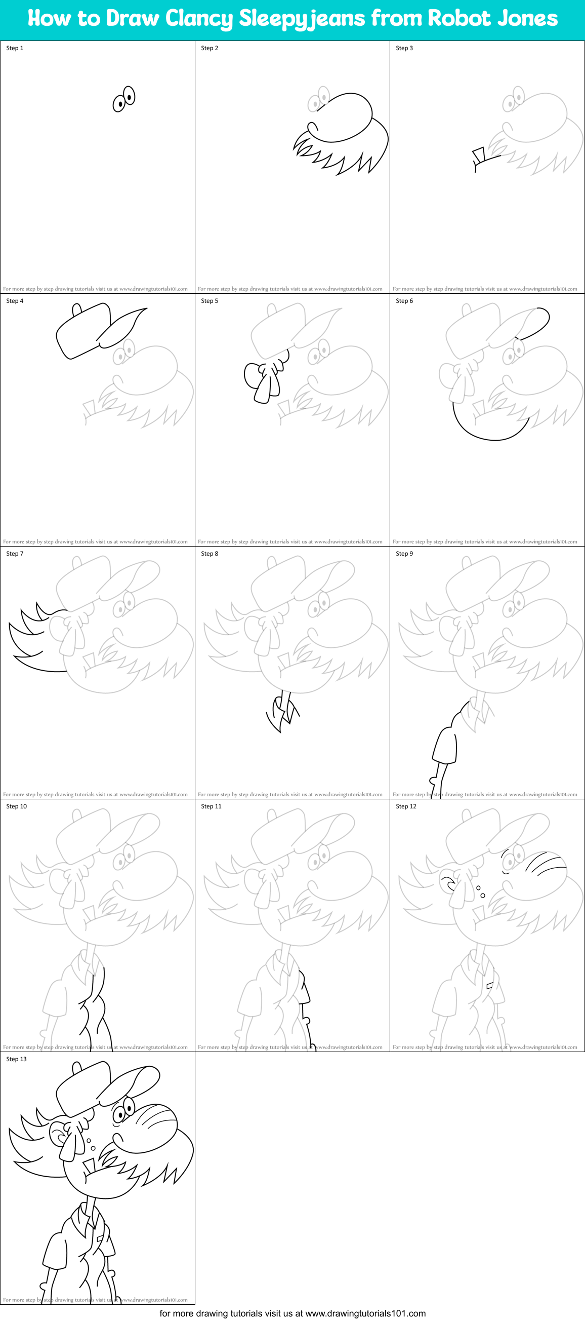How to Draw Clancy Sleepyjeans from Robot Jones Printable Step by Step