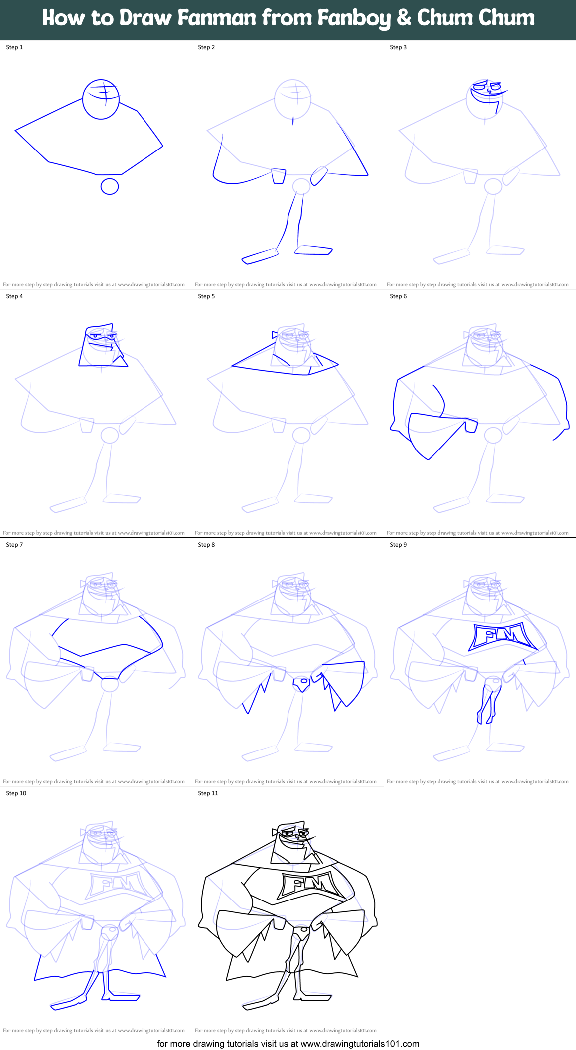 How to Draw Fanman from Fanboy & Chum Chum Printable Step by Step