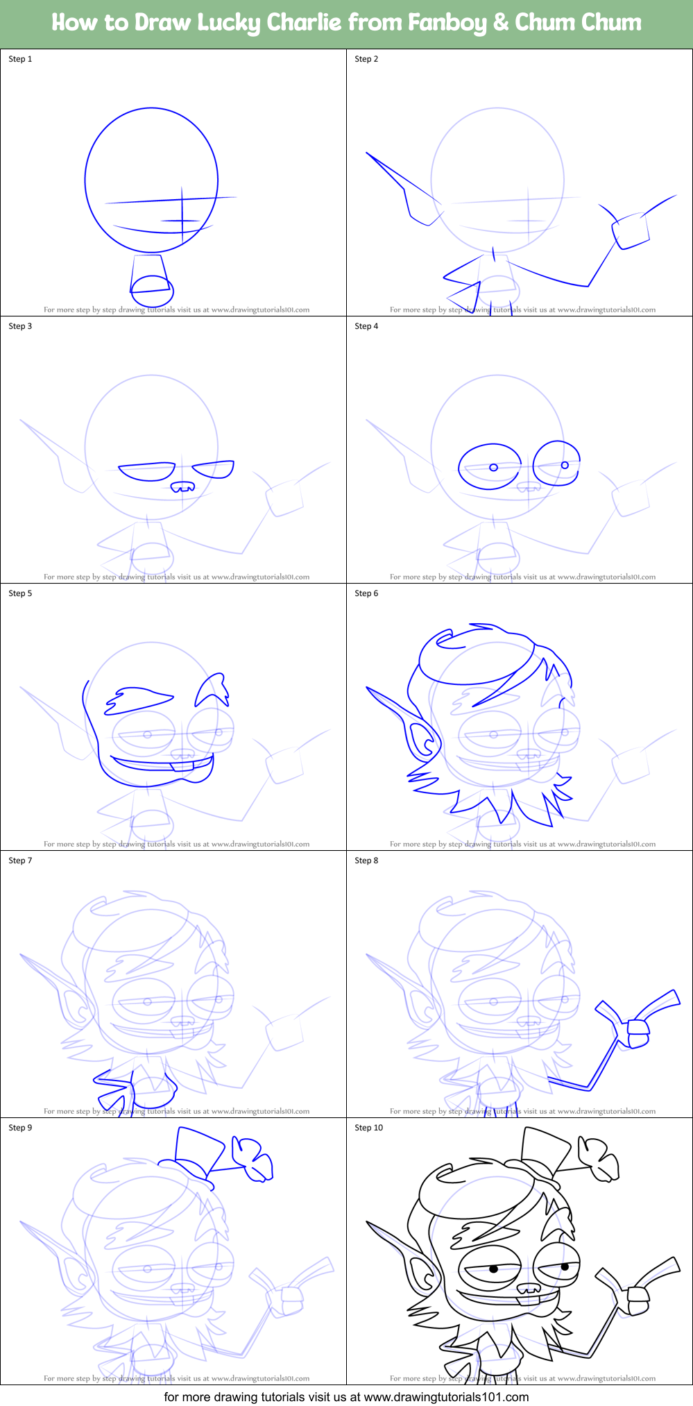 How to Draw Lucky Charlie from Fanboy & Chum Chum Printable Step by Step