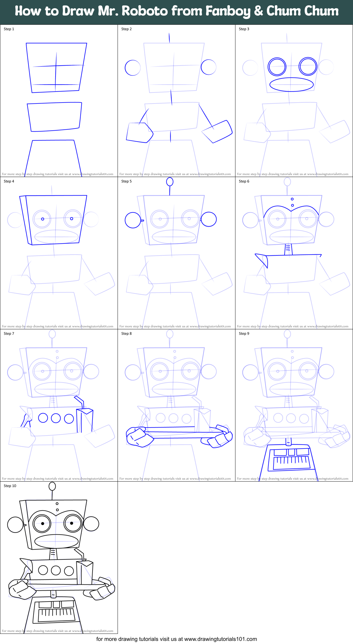 How to Draw Mr. Roboto from Fanboy & Chum Chum Printable Step by Step