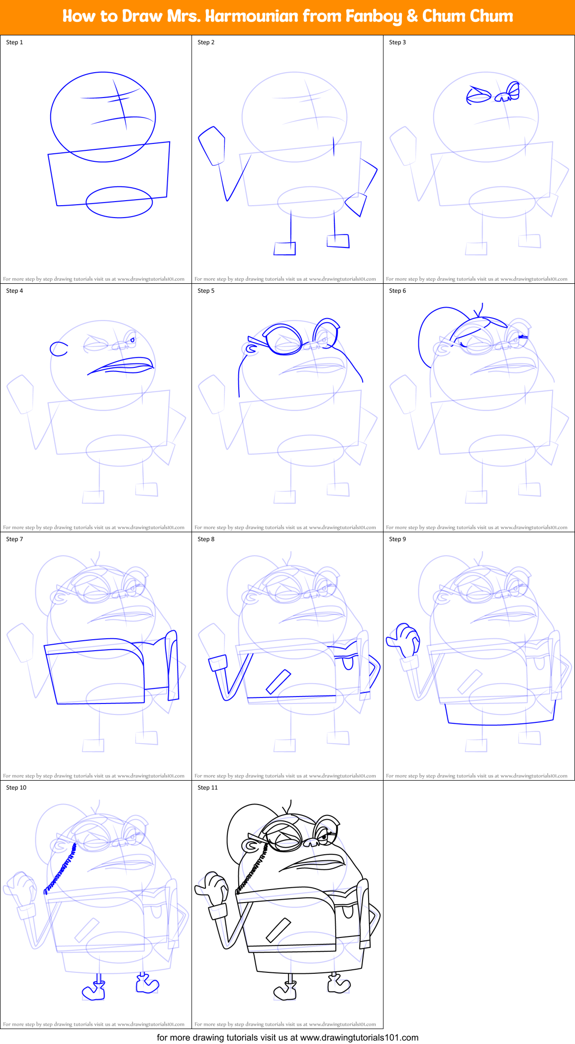 How to Draw Mrs. Harmounian from Fanboy & Chum Chum Printable Step by Step