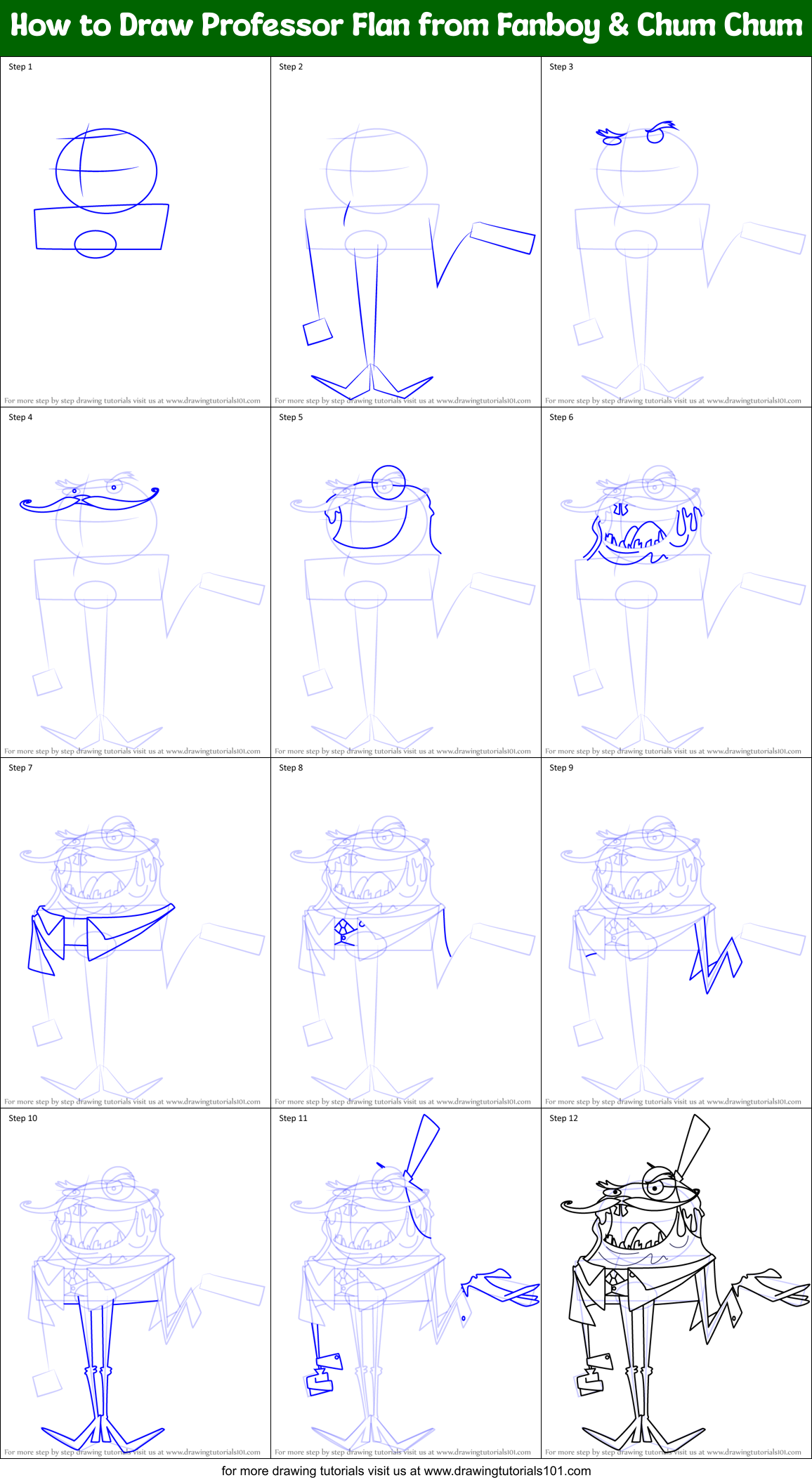 How to Draw Professor Flan from Fanboy & Chum Chum Printable Step by Step