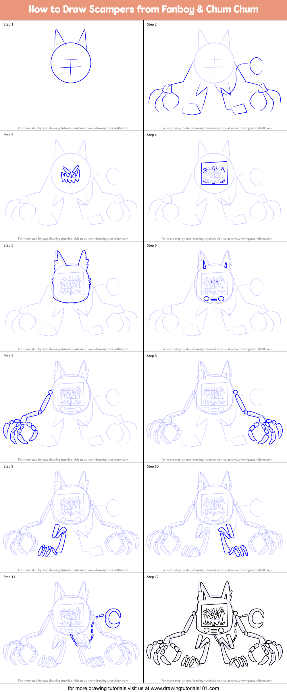 How to Draw Scampers from Fanboy & Chum Chum Printable Step by Step